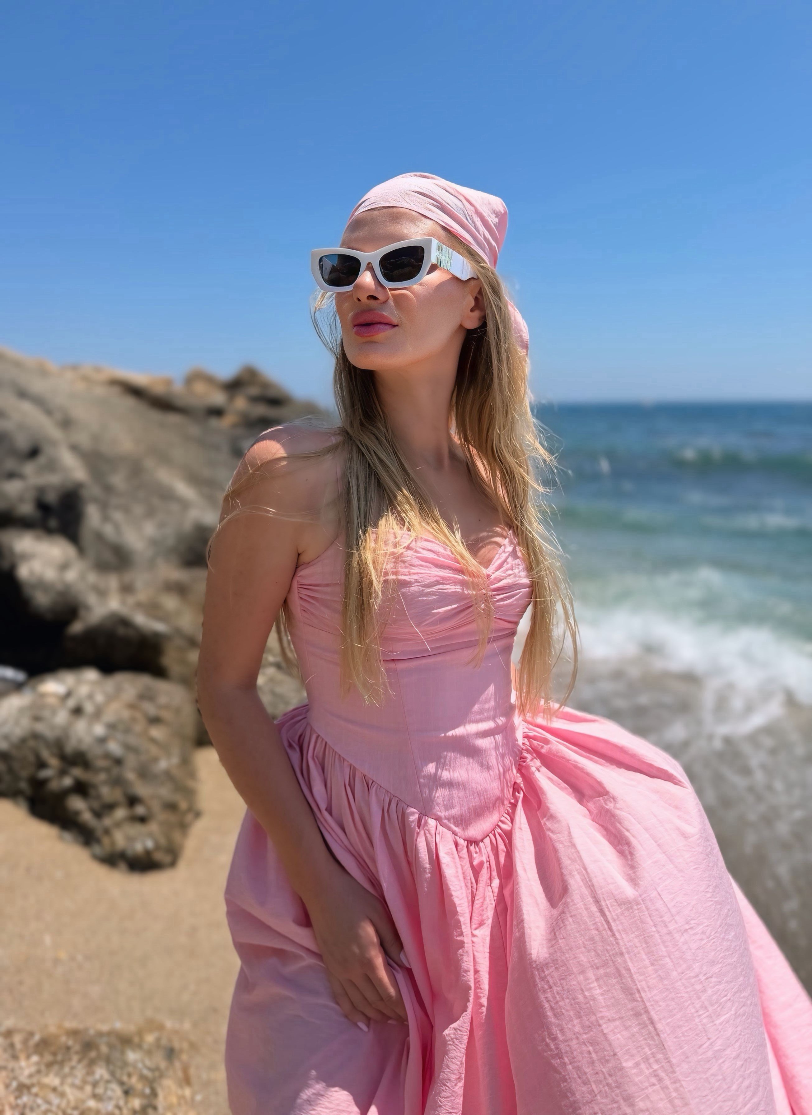ELBİSEPembe Kalp Yaka Bandana Detaylı Çizgili Elbise