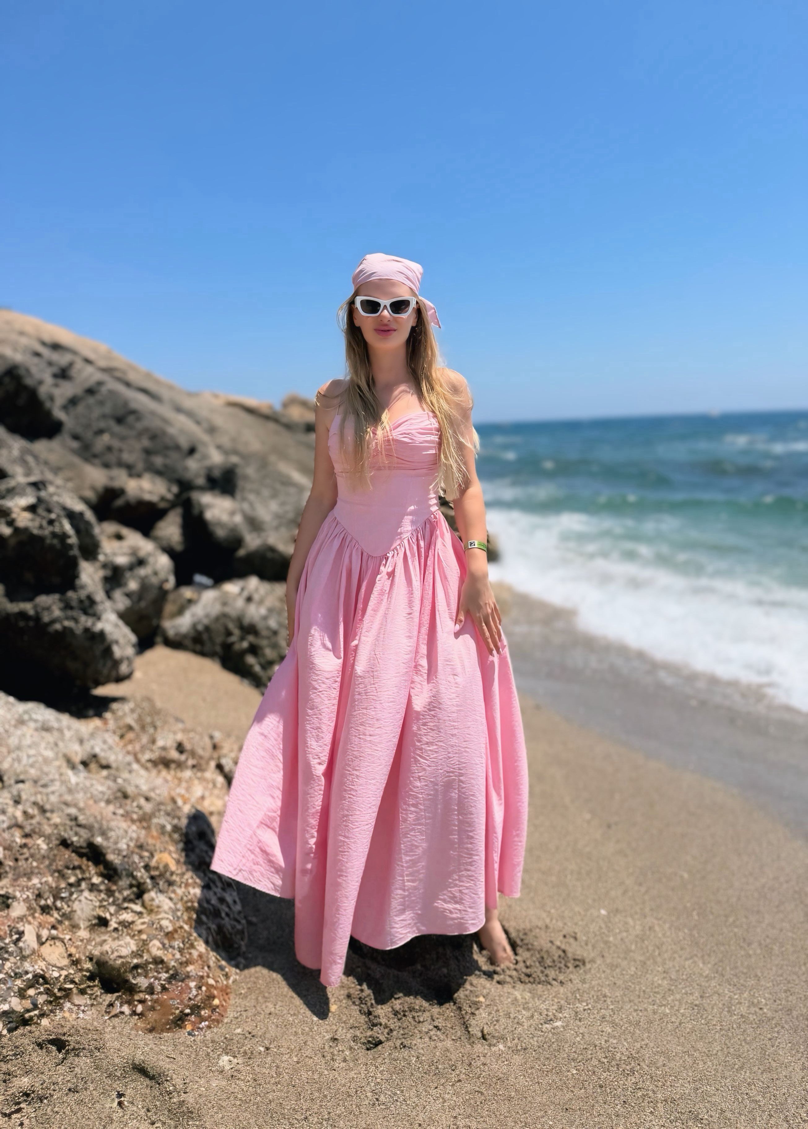 ELBİSEPembe Kalp Yaka Bandana Detaylı Çizgili Elbise