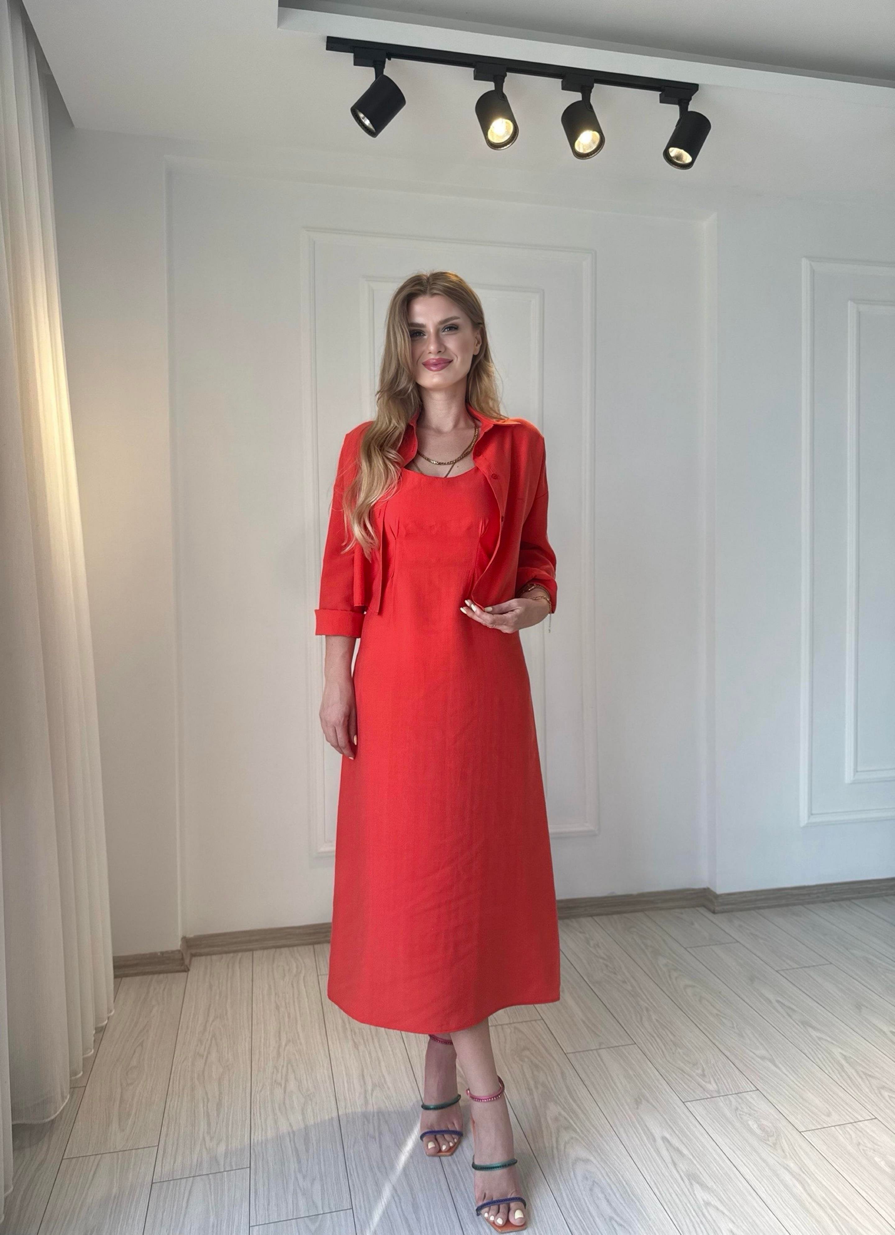 ELBİSEPremium Gömlek Elbise İkili Takım - Nar Çiçeği