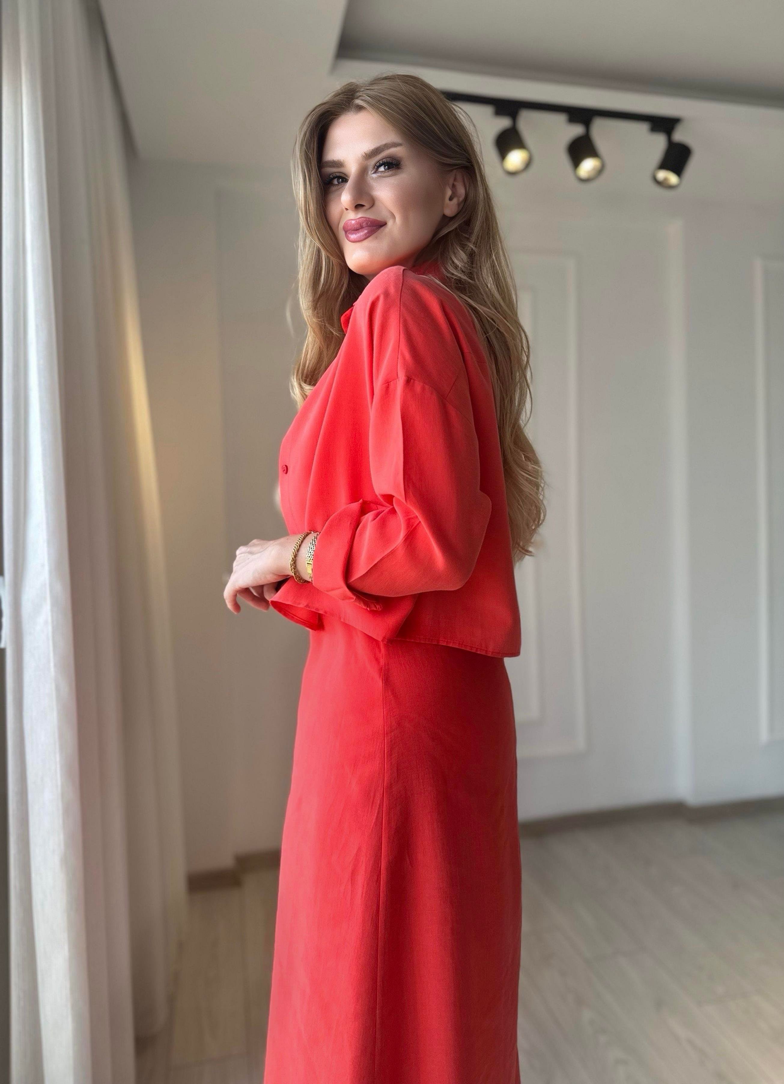 ELBİSEPremium Gömlek Elbise İkili Takım - Nar Çiçeği