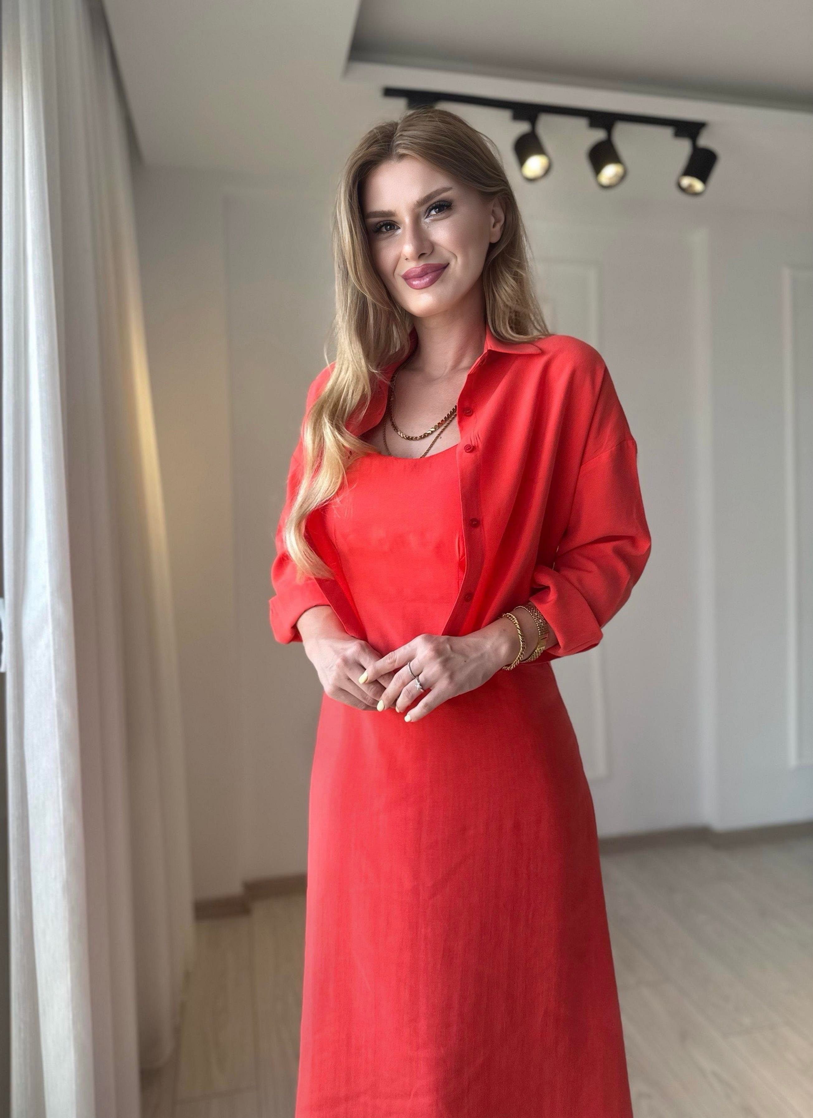 ELBİSEPremium Gömlek Elbise İkili Takım - Nar Çiçeği