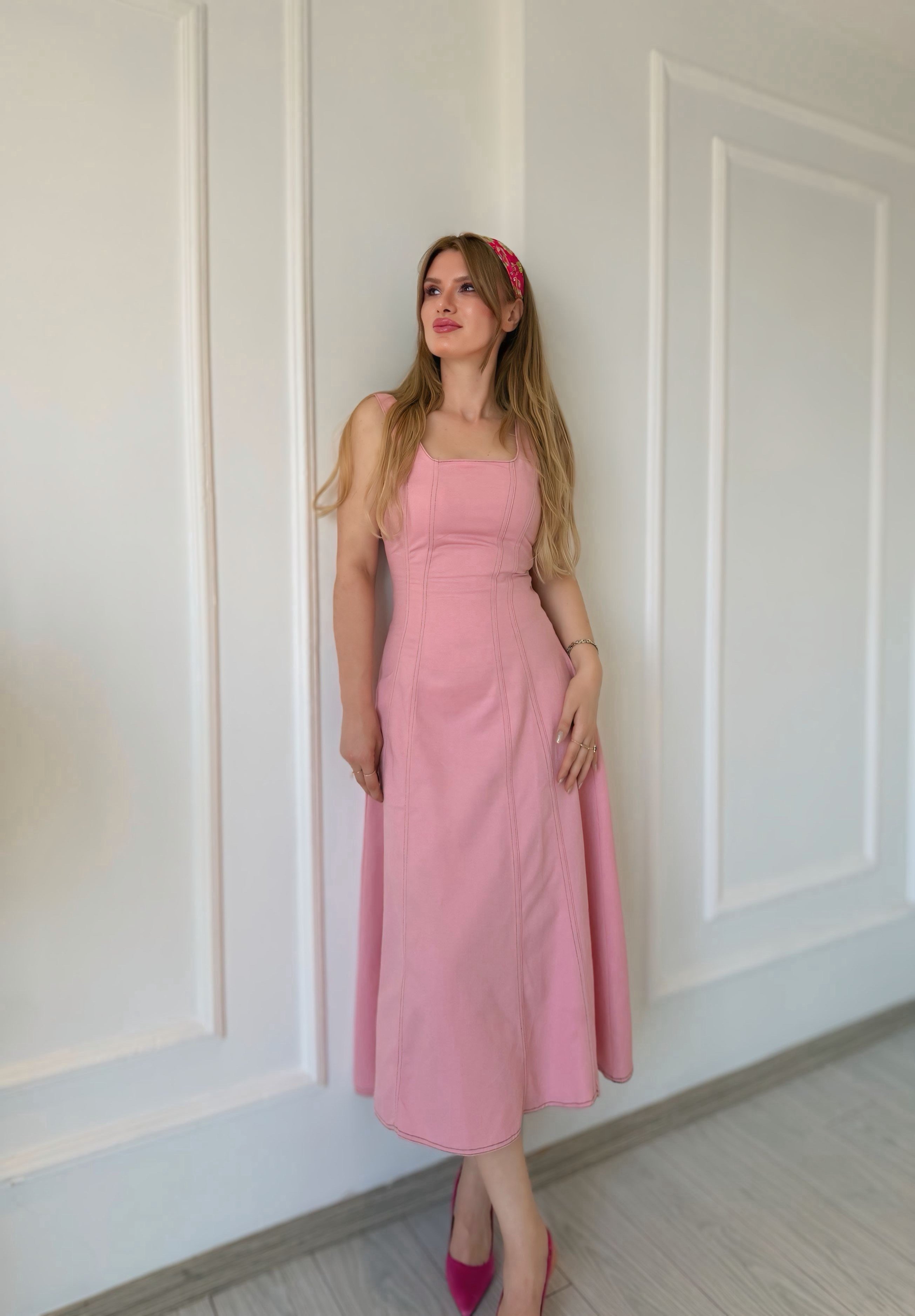 ELBİSERosalie Pembe Çift Dikişli Gabardin Elbise