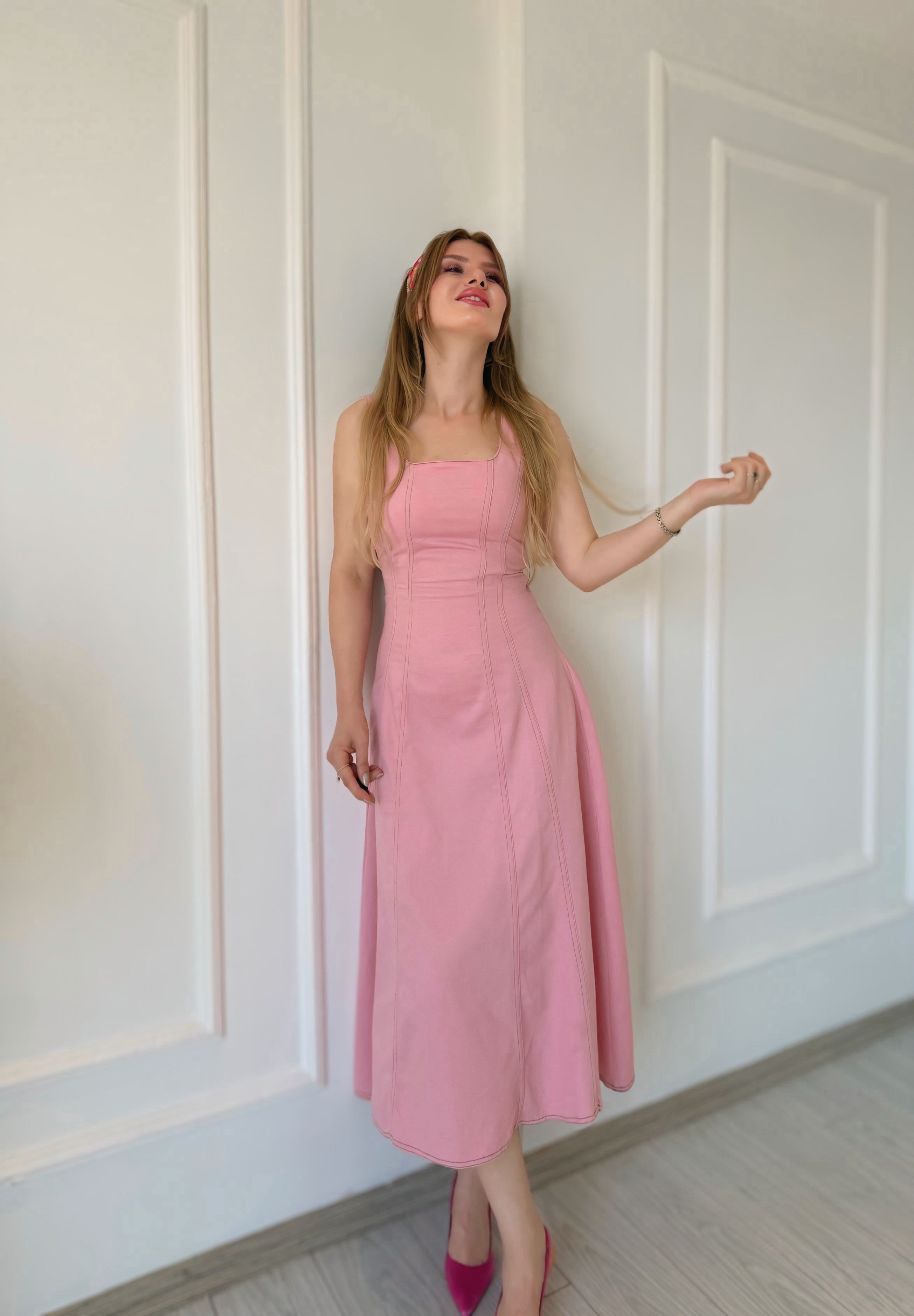 ELBİSERosalie Pembe Çift Dikişli Gabardin Elbise