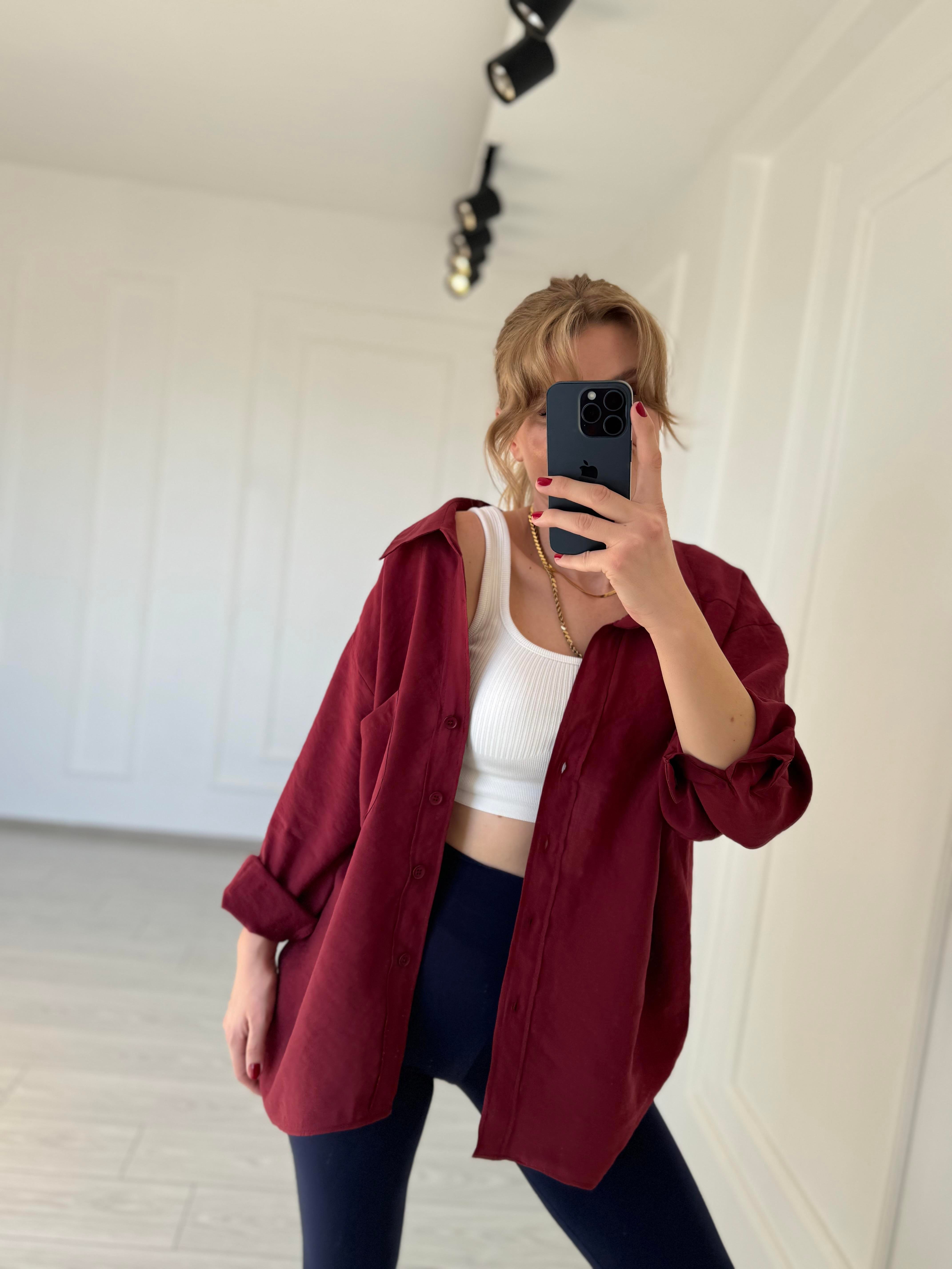 GömlekTensel Kumaş Oversize Gömlek - Bordo