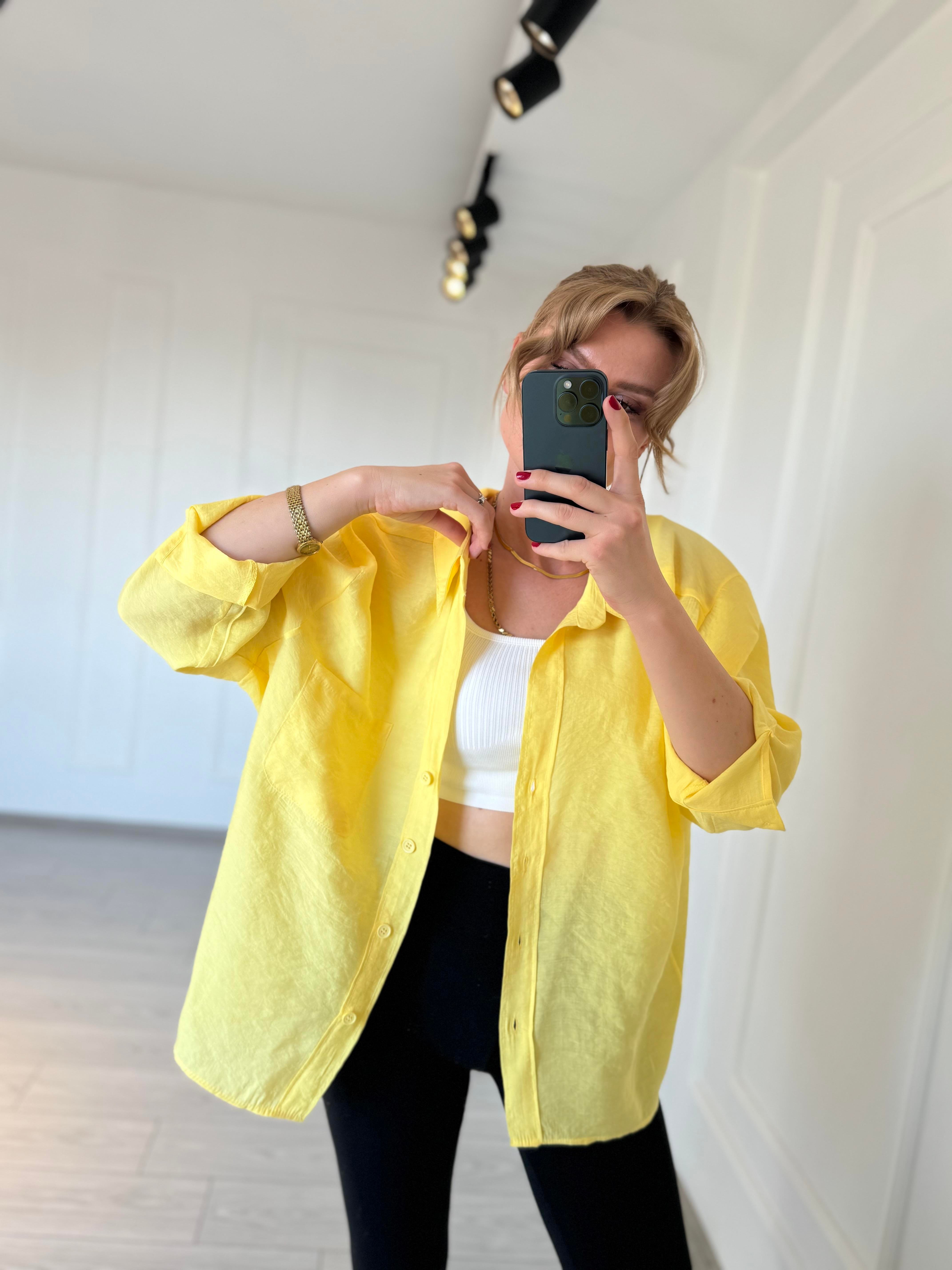 GömlekTensel Kumaş Oversize Gömlek - Limon Çiçeği