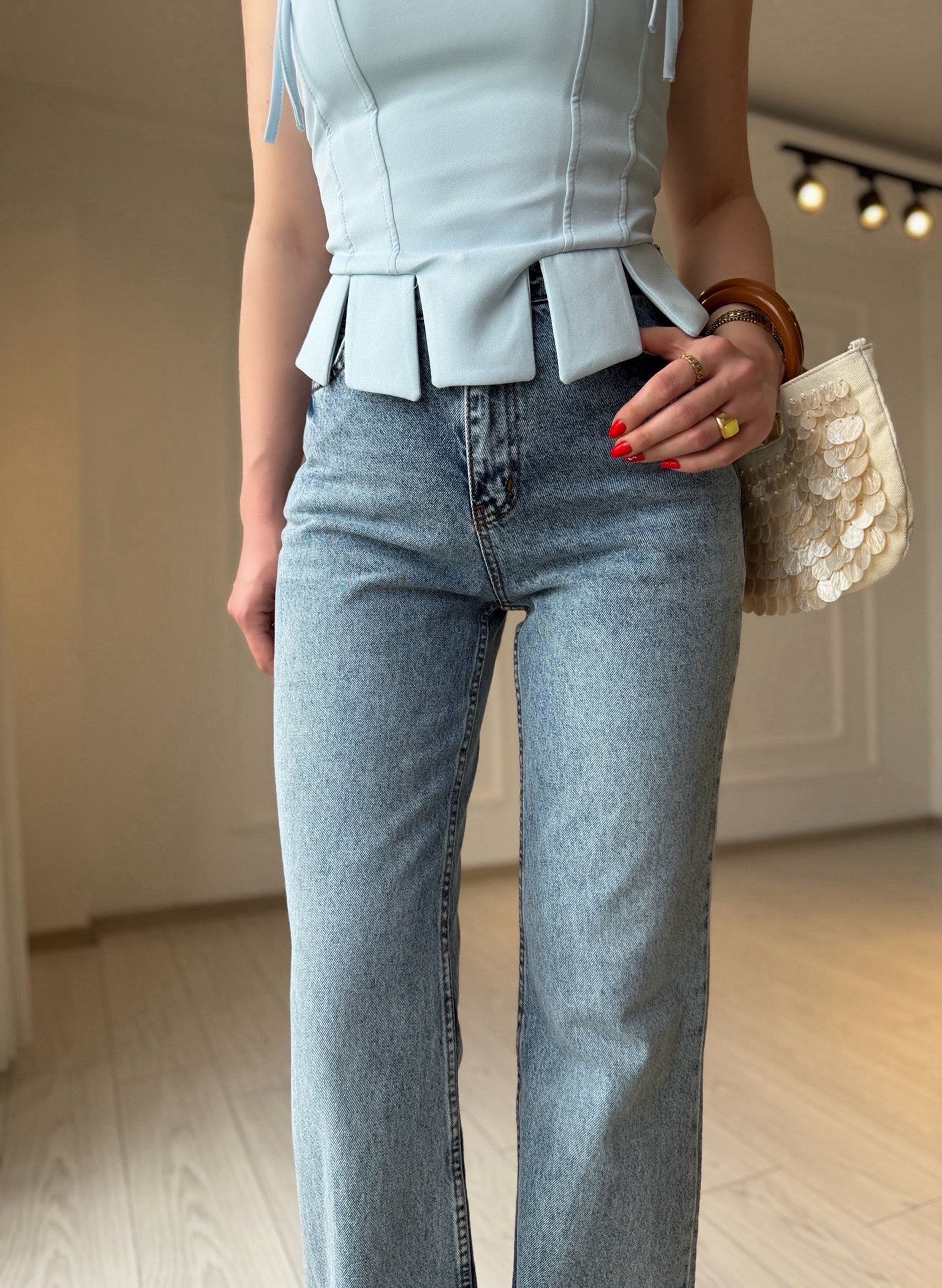 Jean Yüksek Bel Açık Mavi Yıkamalı Straight Jean