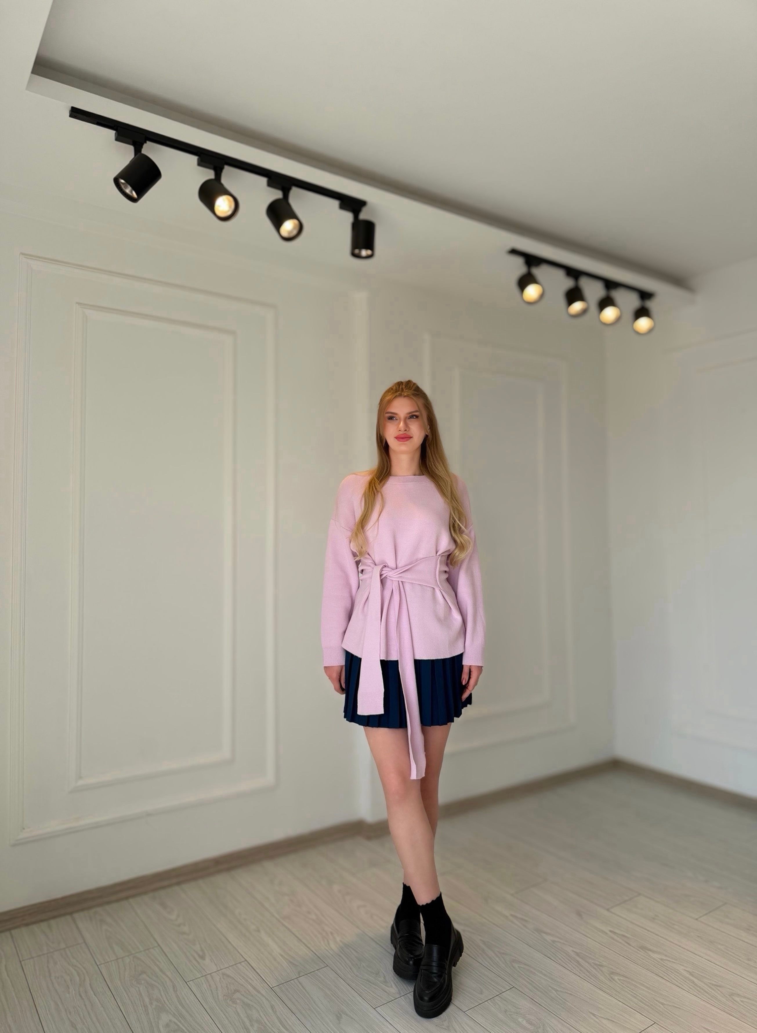 Kazak & HırkaPembe Bisiklet Yaka Kuşak Bağlamalı Oversize Kazak