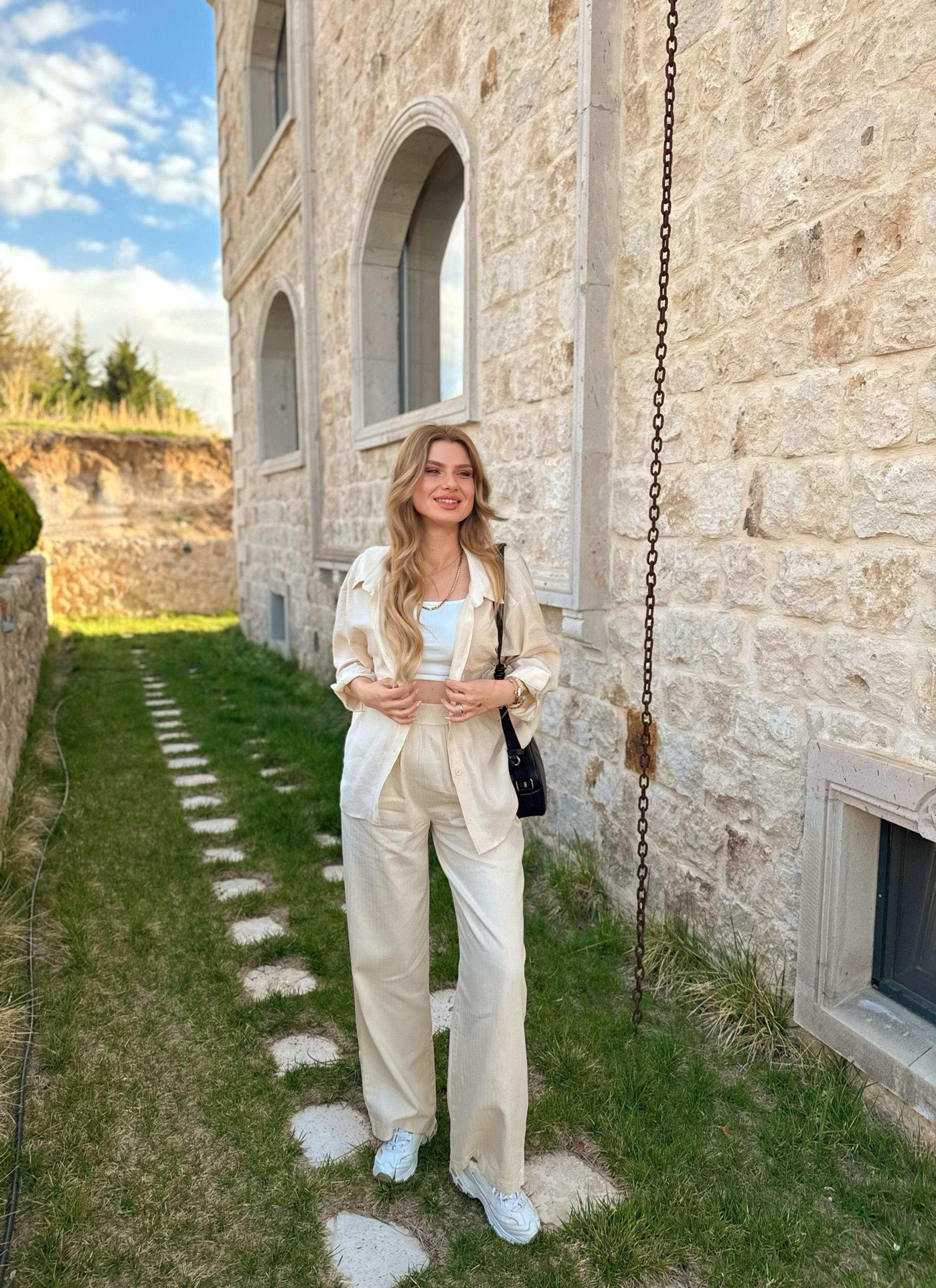 PantolonBeli Örme Lastikli Keten Palazzo Pantolon - Taş