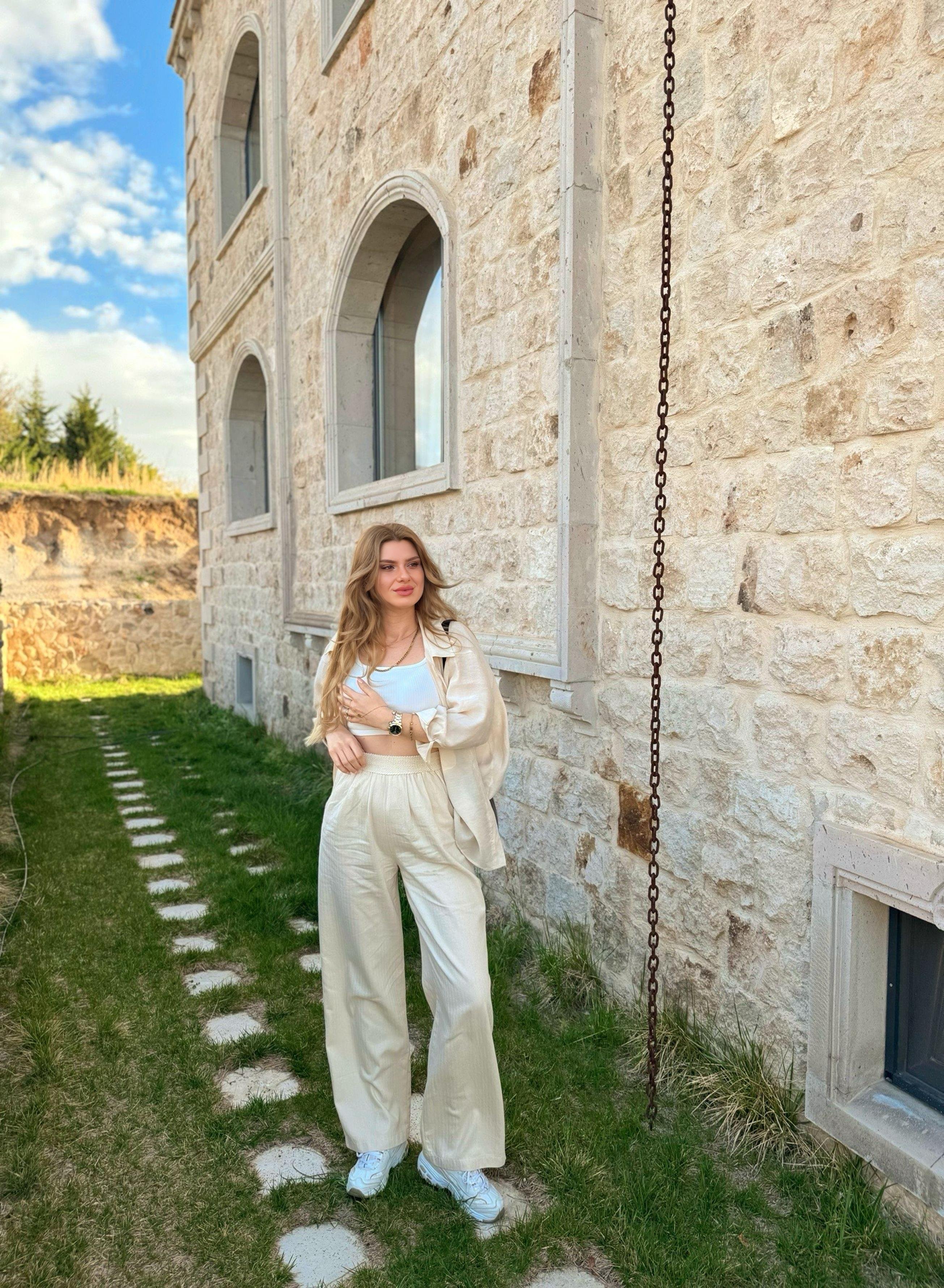 PantolonBeli Örme Lastikli Keten Palazzo Pantolon - Taş