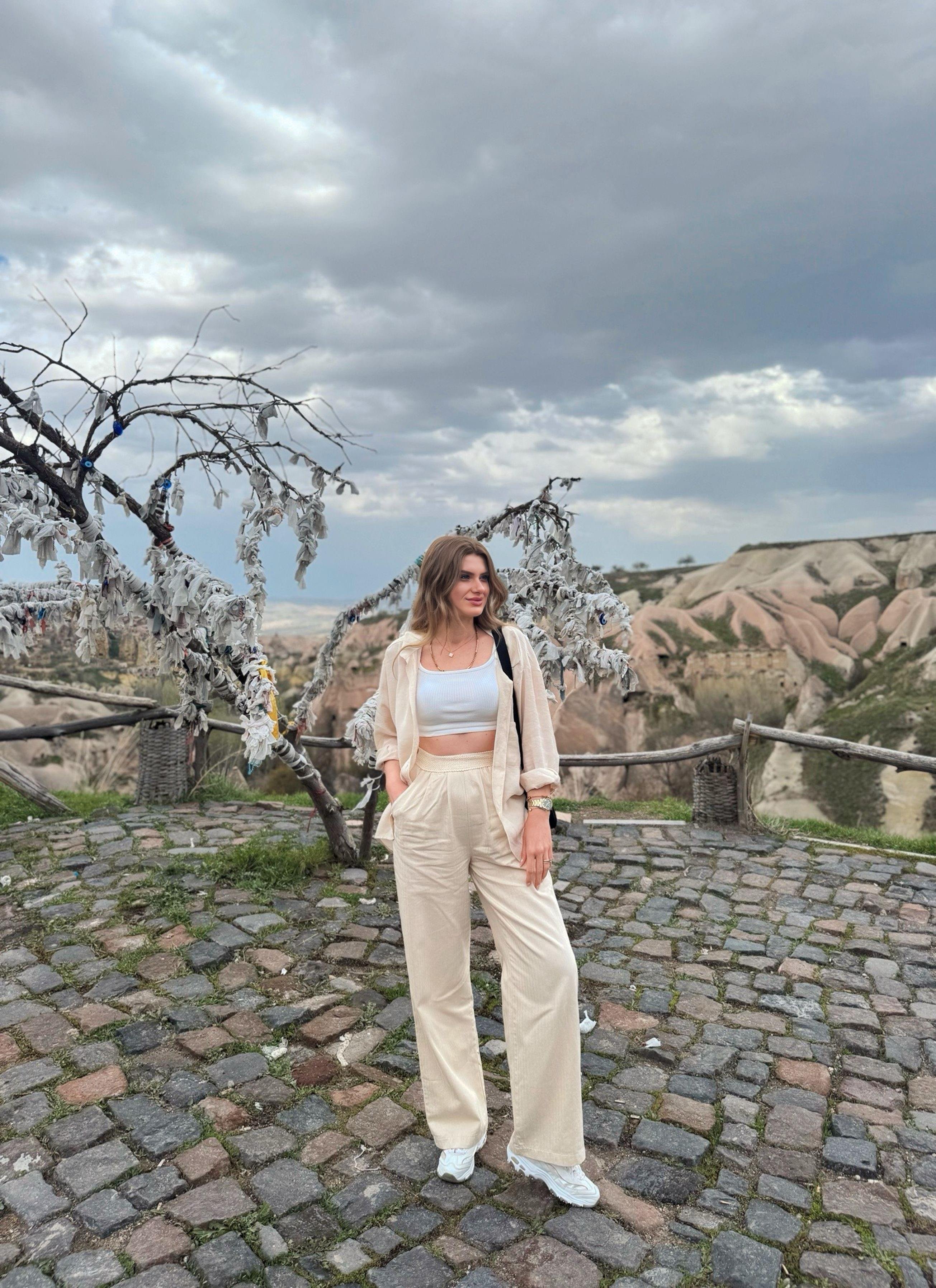 PantolonBeli Örme Lastikli Keten Palazzo Pantolon - Taş