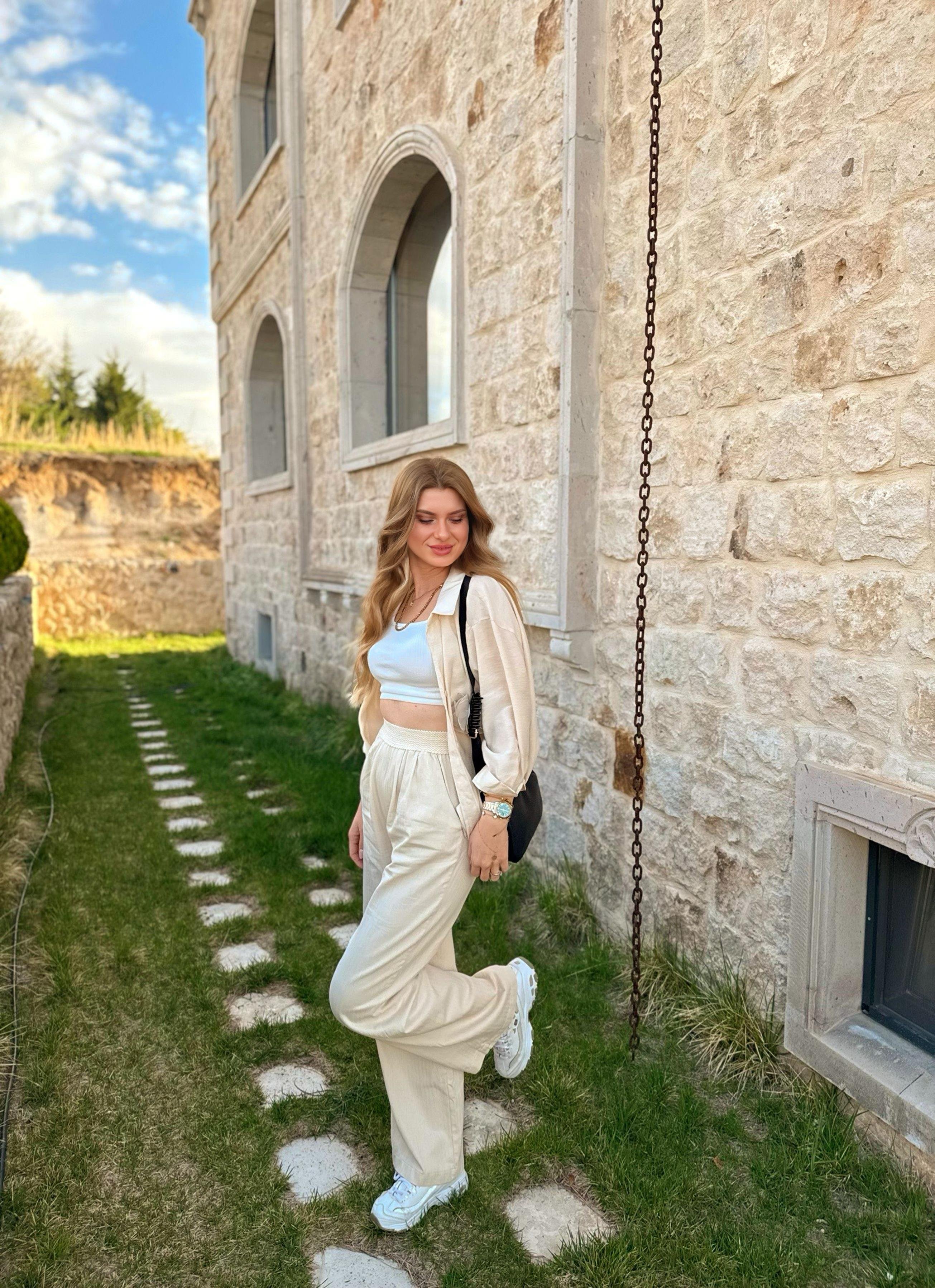PantolonBeli Örme Lastikli Keten Palazzo Pantolon - Taş