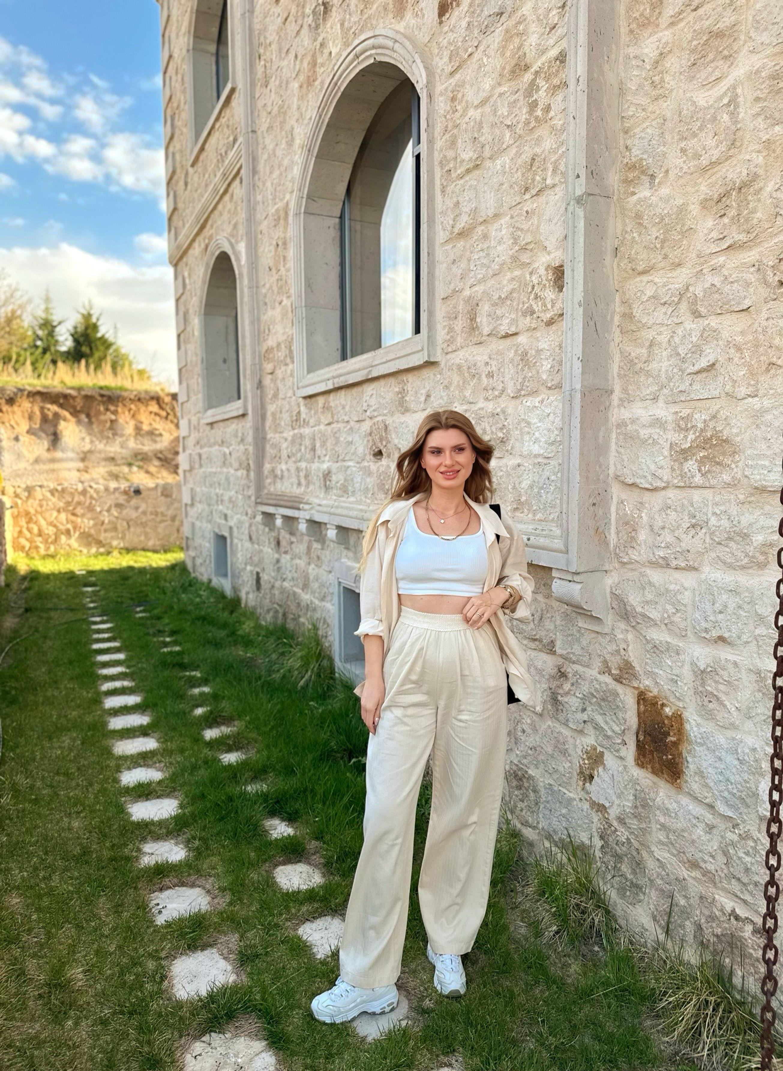 PantolonBeli Örme Lastikli Keten Palazzo Pantolon - Taş