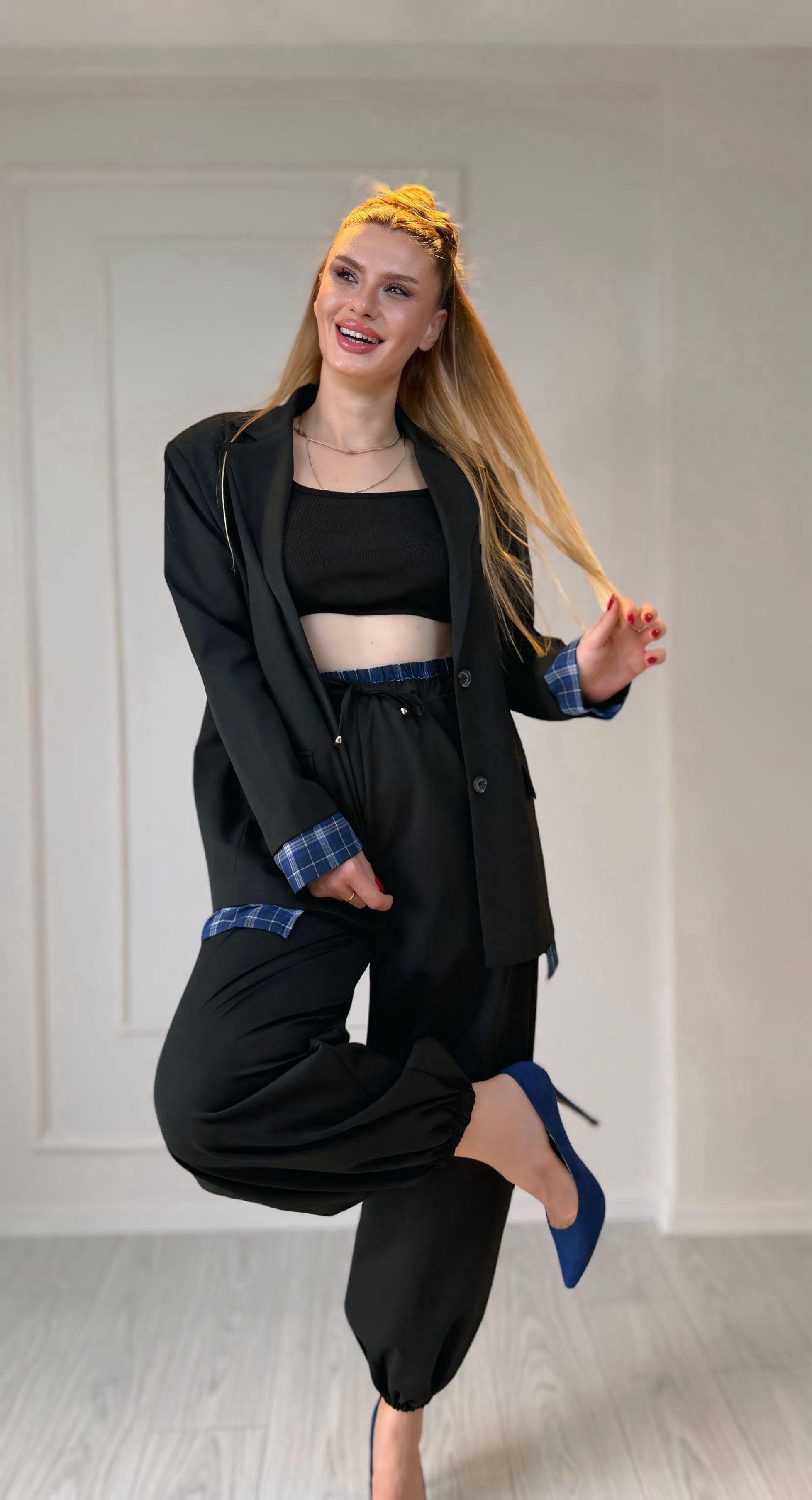 PantolonSiyah Ekose Detaylı Şalvar Pantolon