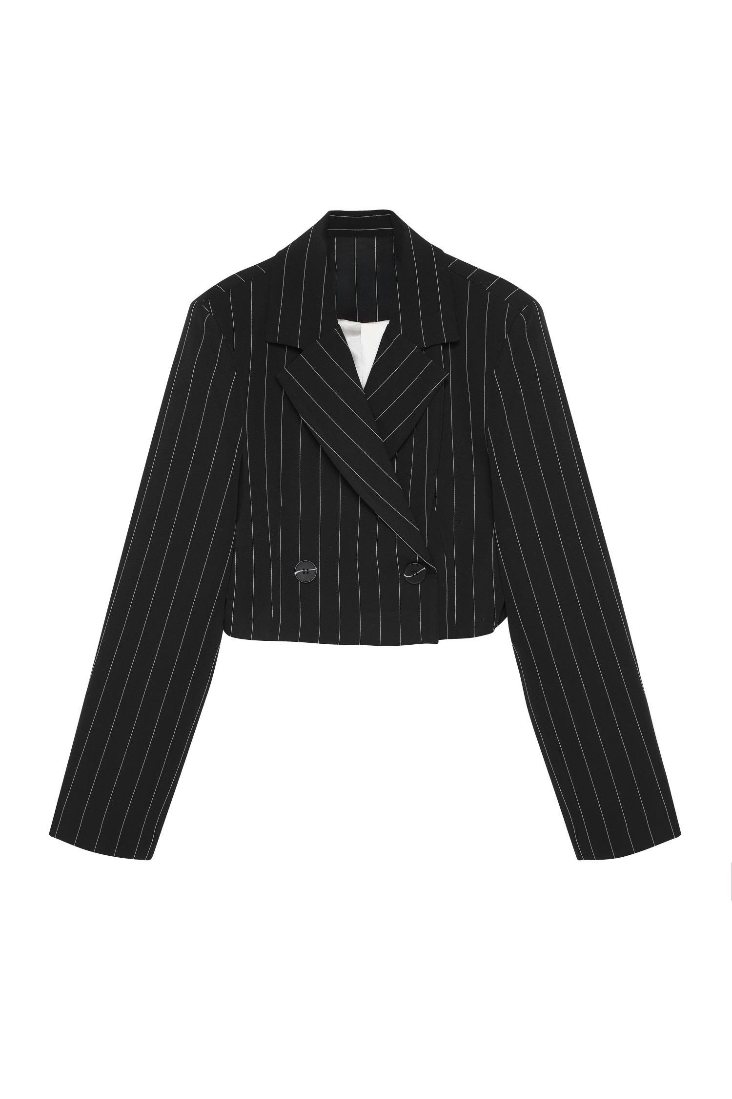 Premium Çizgili Crop Ceket - SiyahCeketPremium Çizgili Crop Ceket - Siyah