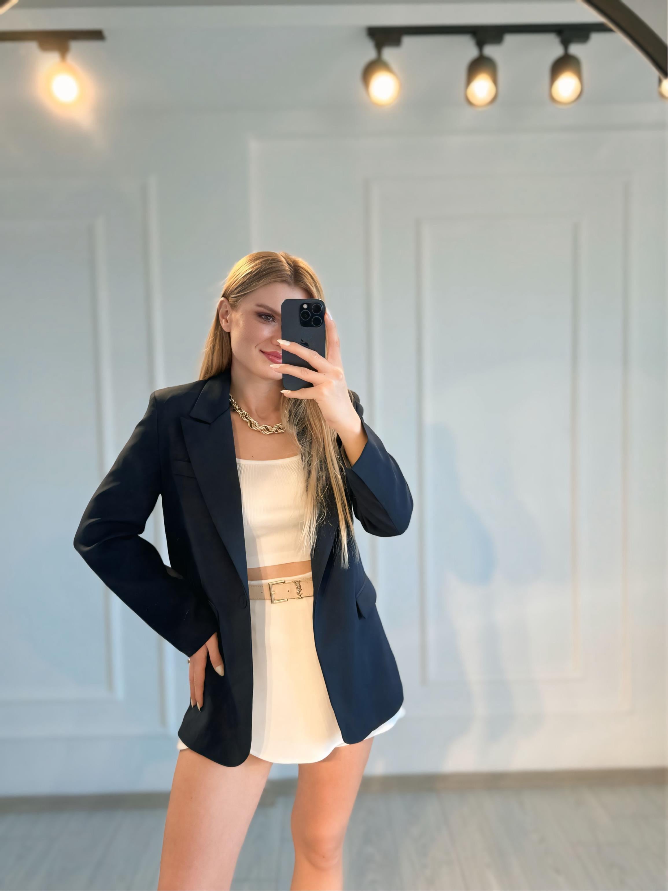 AuraA9002Tedarikçi1Oversize Blazer Ceket - Lacivert<span style=