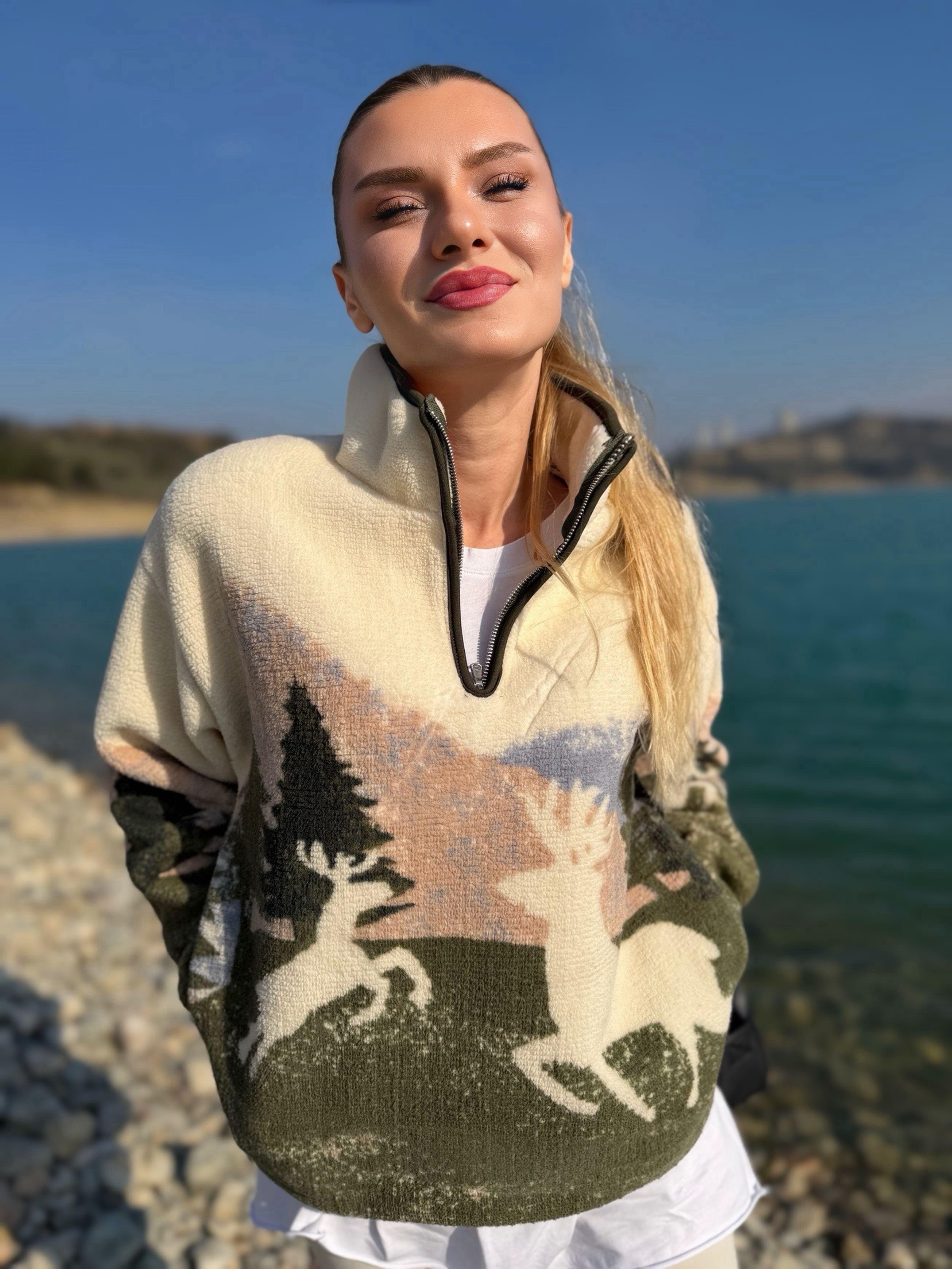 SweatshirtCozy Geyik Desenli Teddy Sweatshirt