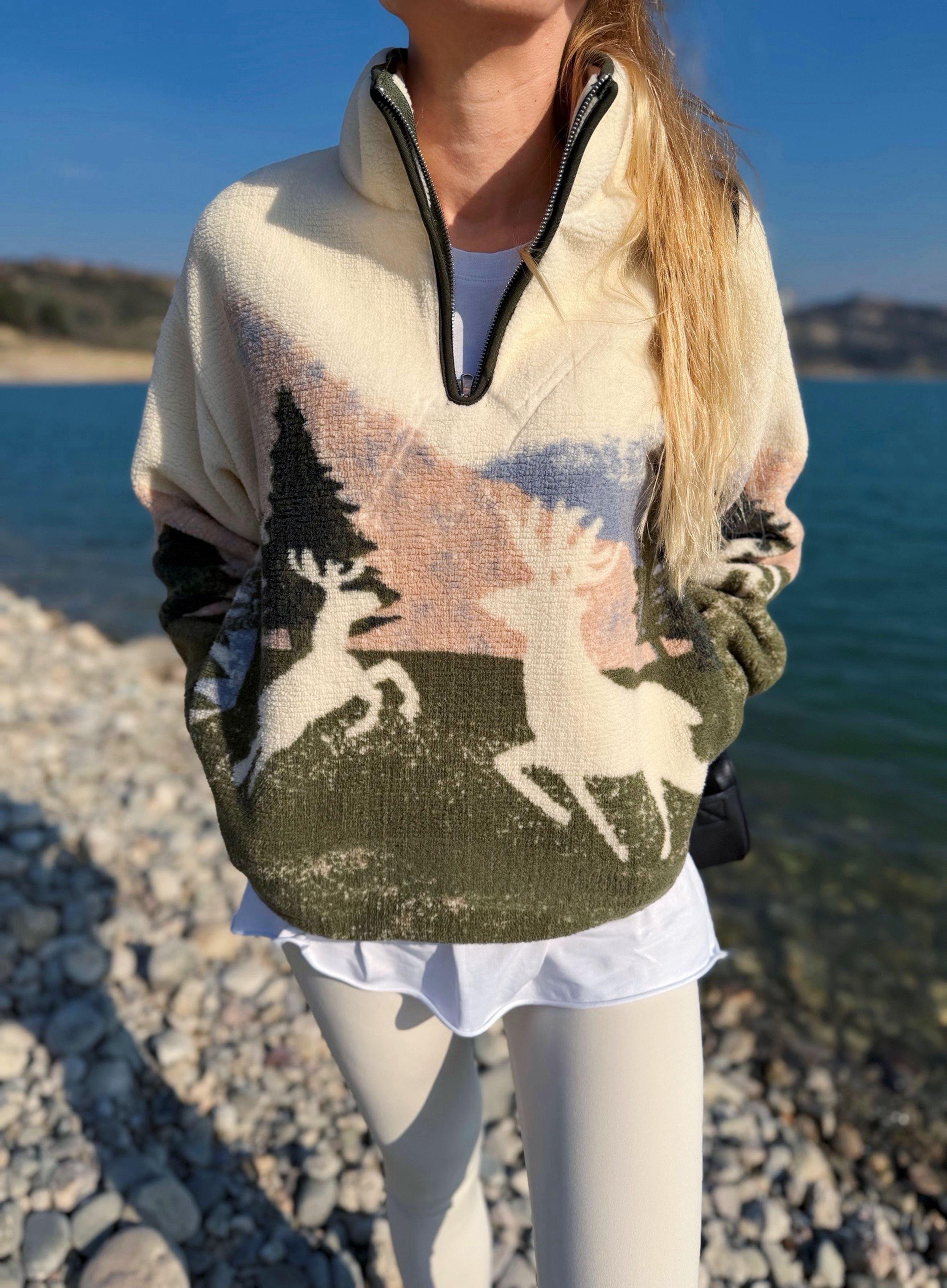 SweatshirtCozy Geyik Desenli Teddy Sweatshirt