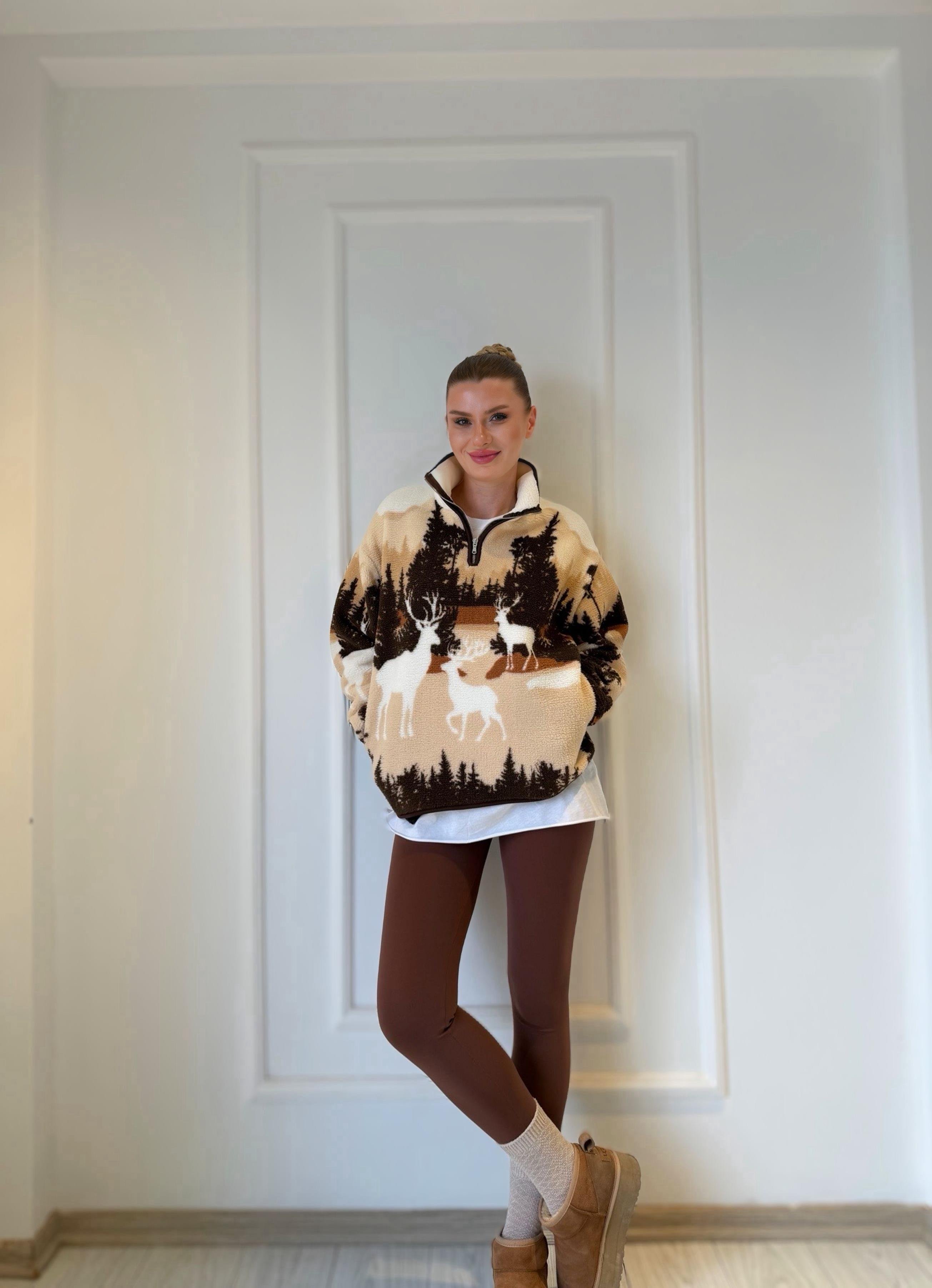 SweatshirtCozy Kahve Geyik Desenli Teddy Sweatshirt