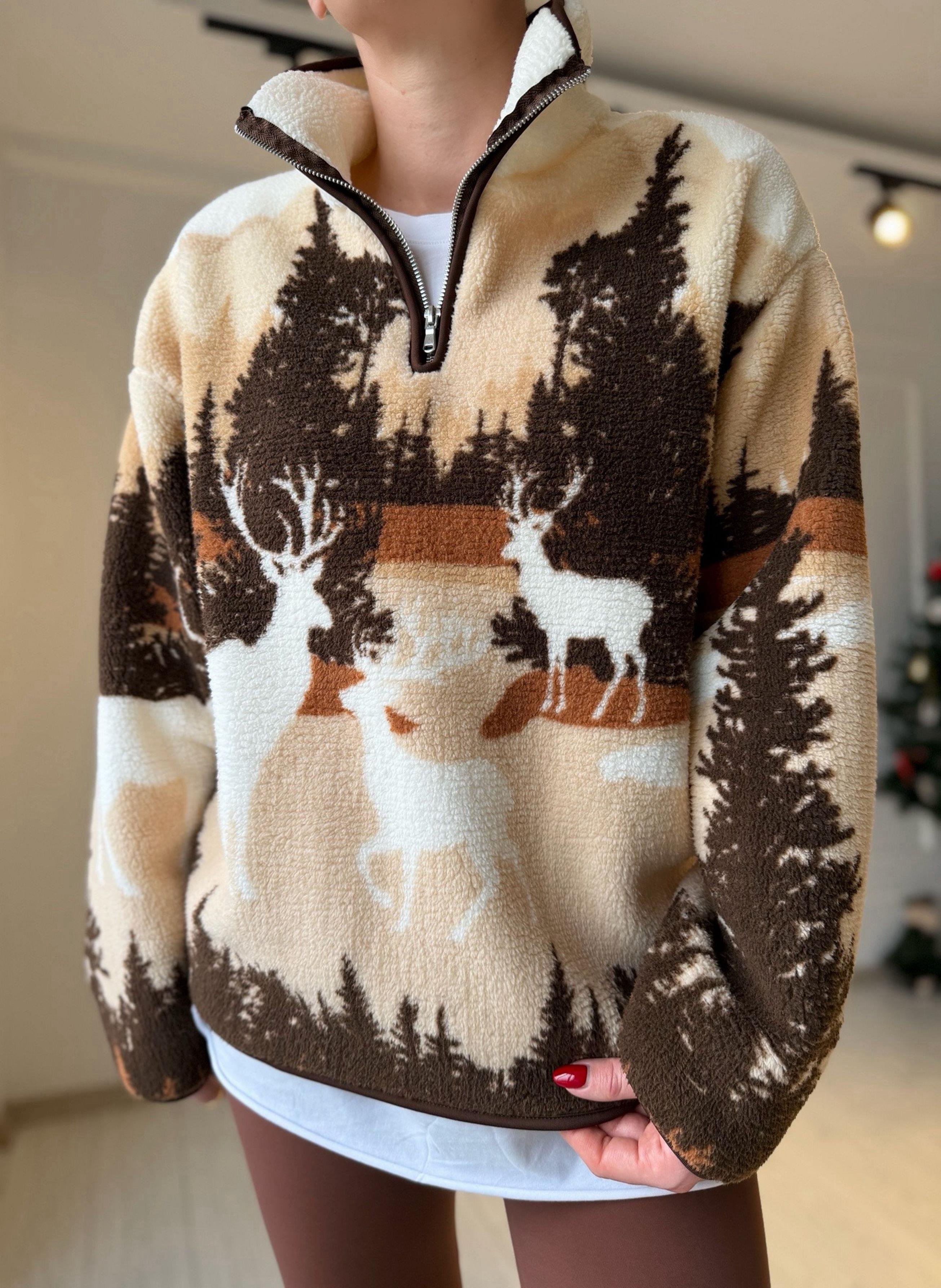 SweatshirtCozy Kahve Geyik Desenli Teddy Sweatshirt