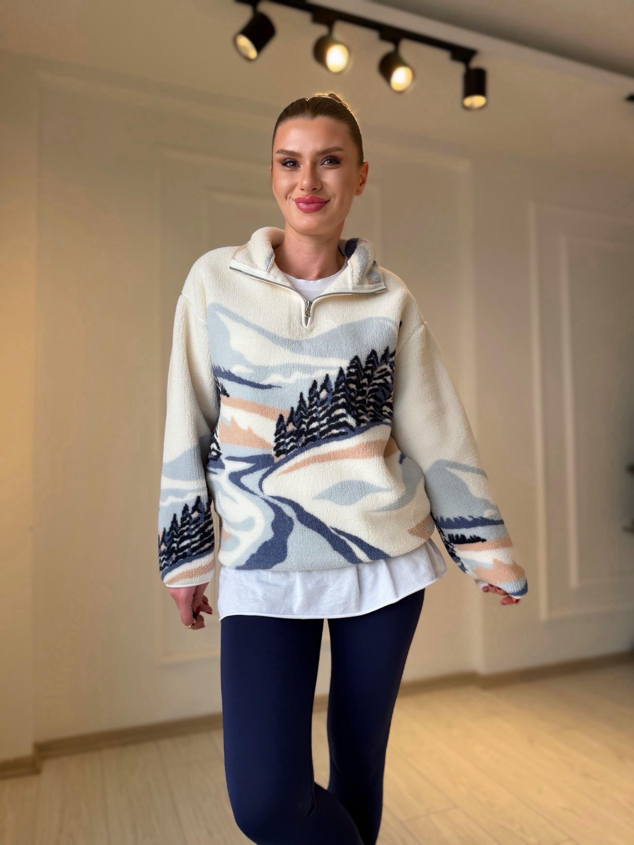 SweatshirtCozy Mavi Manzara Desenli Teddy Sweatshirt