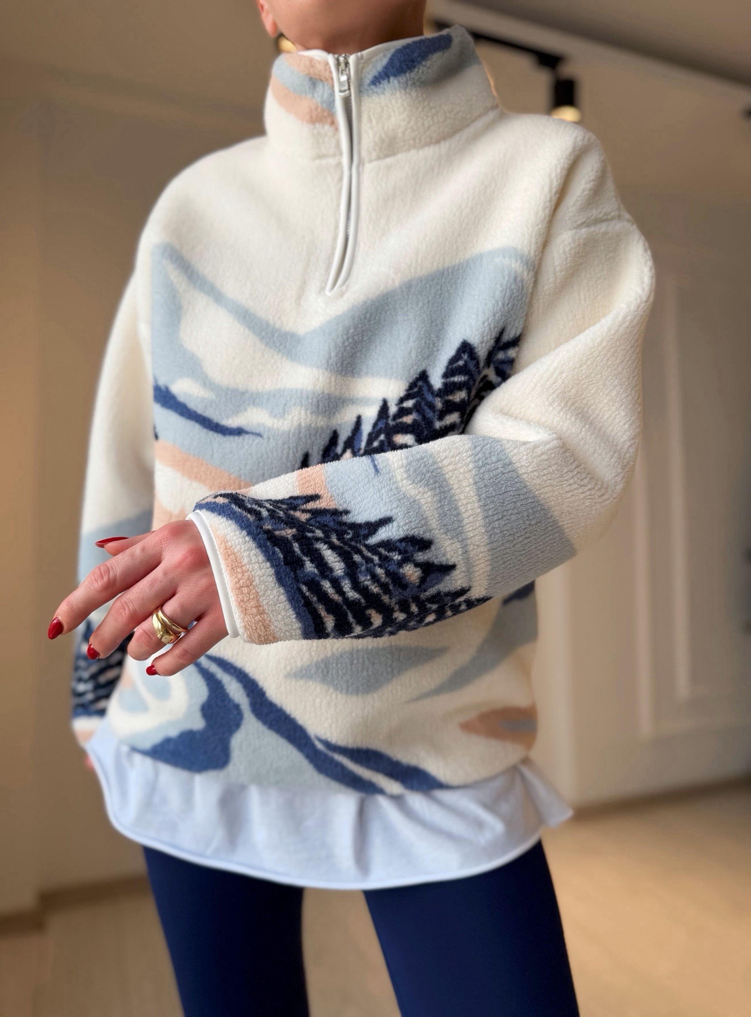 SweatshirtCozy Mavi Manzara Desenli Teddy Sweatshirt