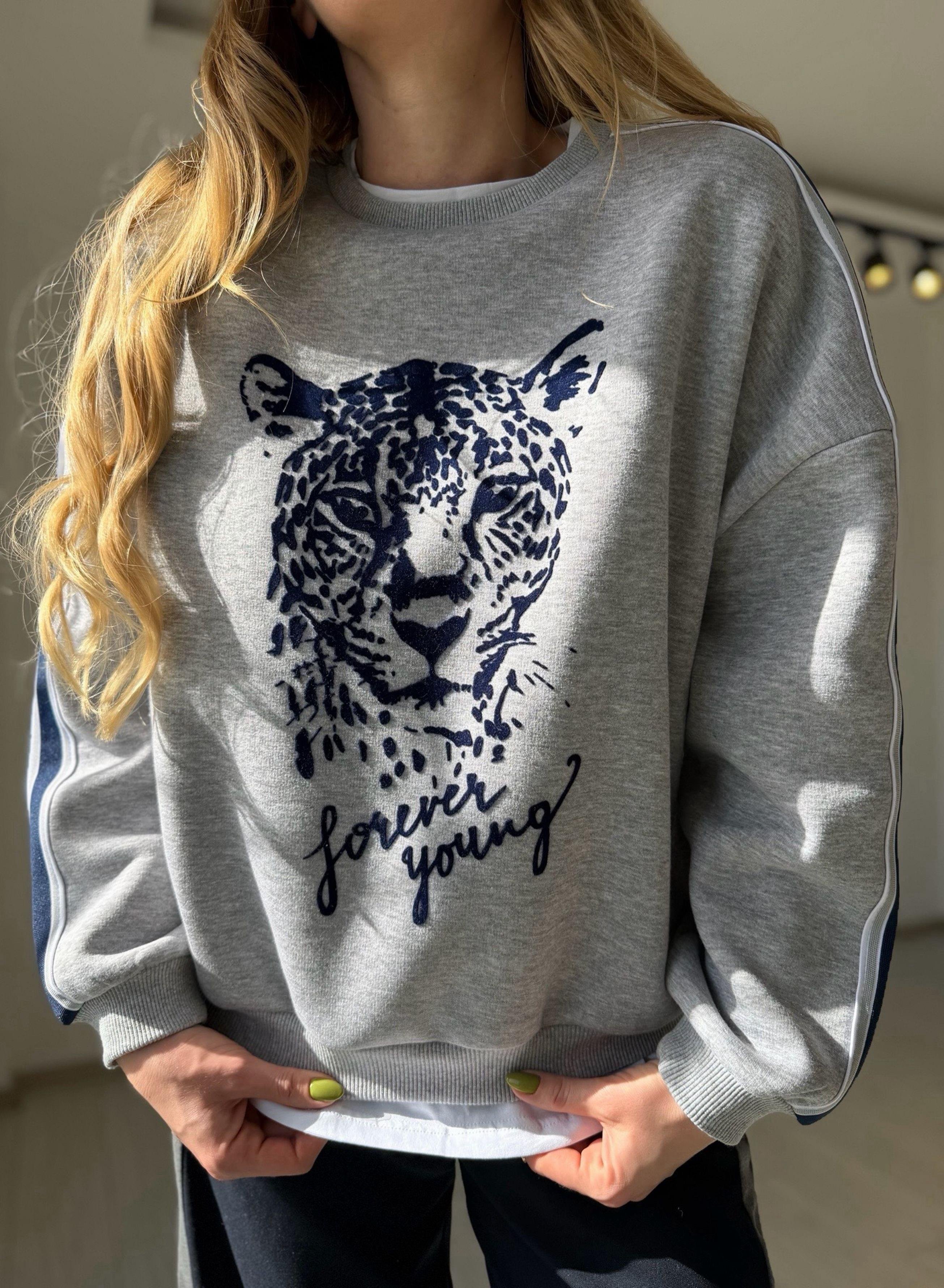 SweatshirtGri Kaplan Baskılı İçi Tshirt Görünümlü Sweatshirt