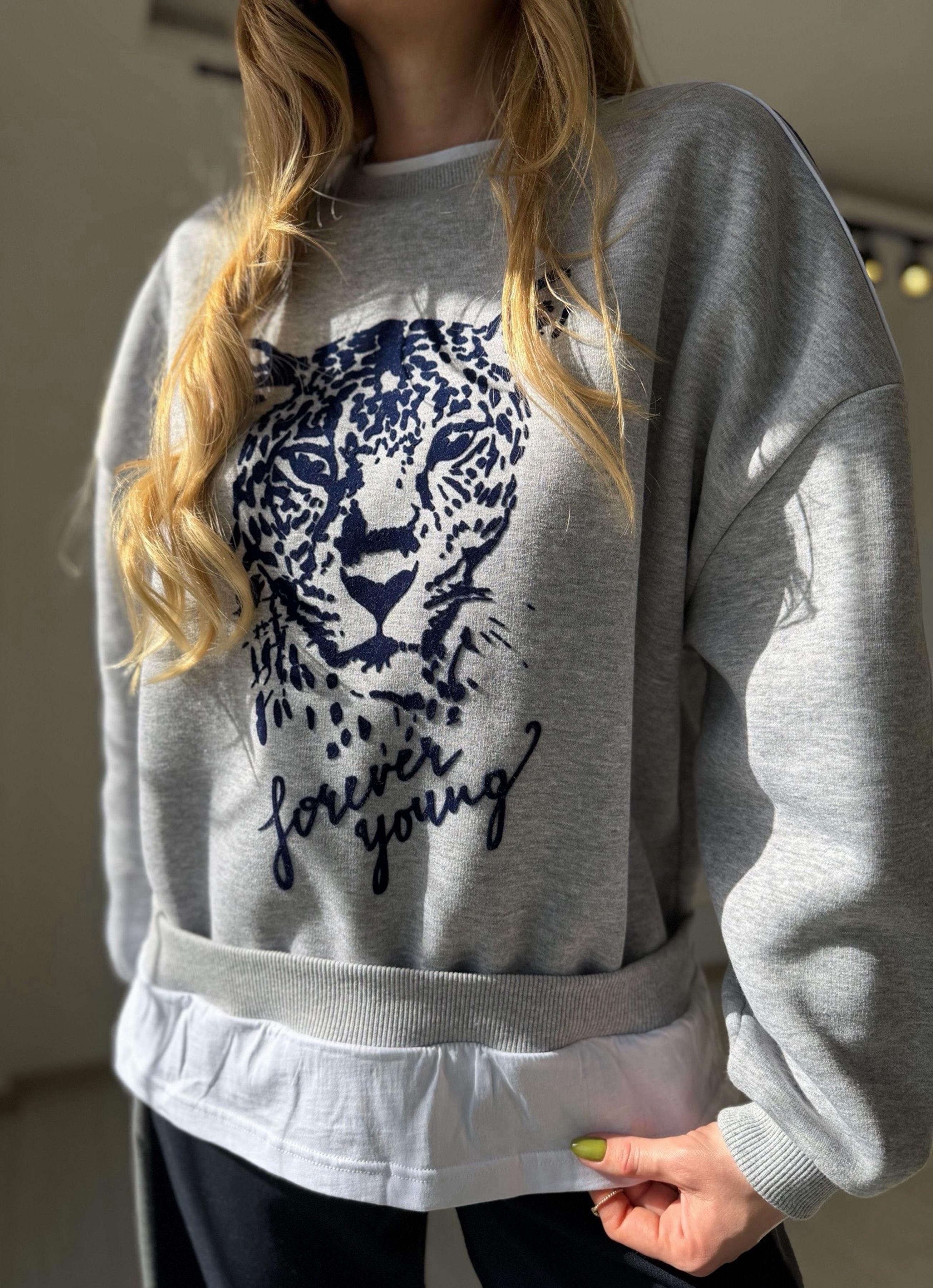 SweatshirtGri Kaplan Baskılı İçi Tshirt Görünümlü Sweatshirt