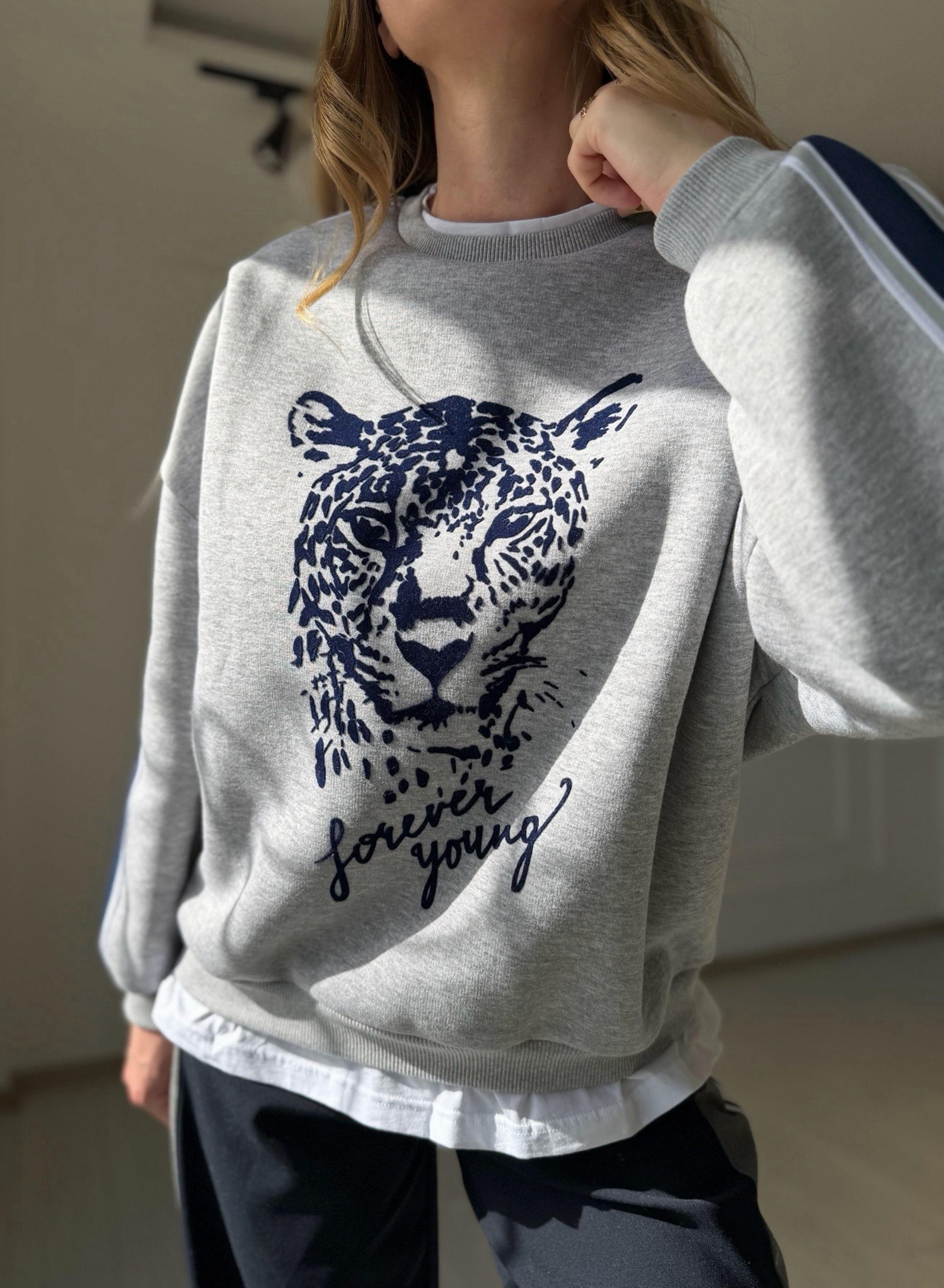 SweatshirtGri Kaplan Baskılı İçi Tshirt Görünümlü Sweatshirt