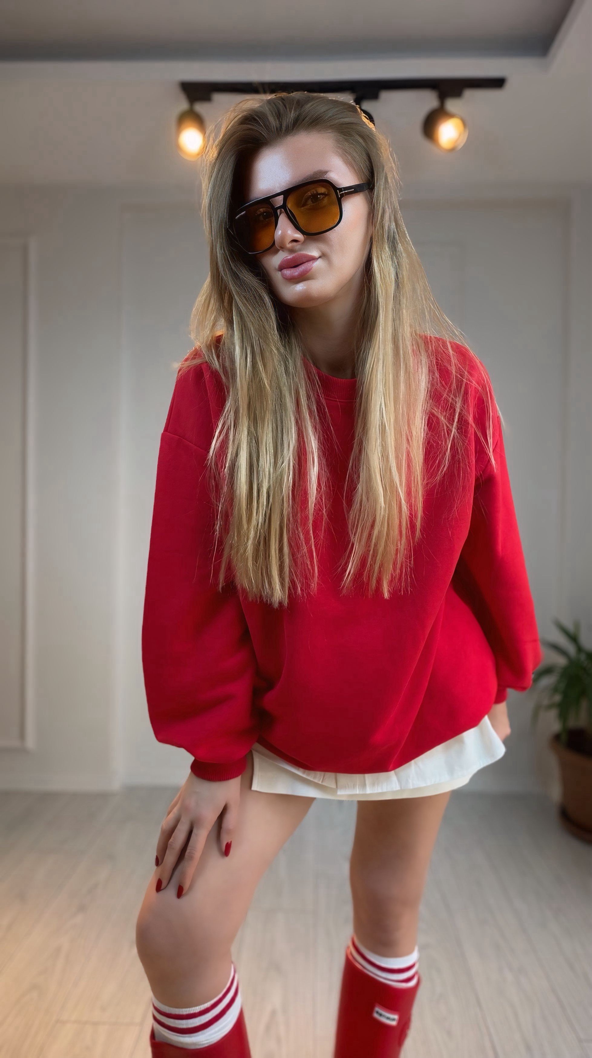 SweatshirtKırmızı Çıkarılabilir Gömlek Detaylı Bisiklet Yaka Sweatshirt