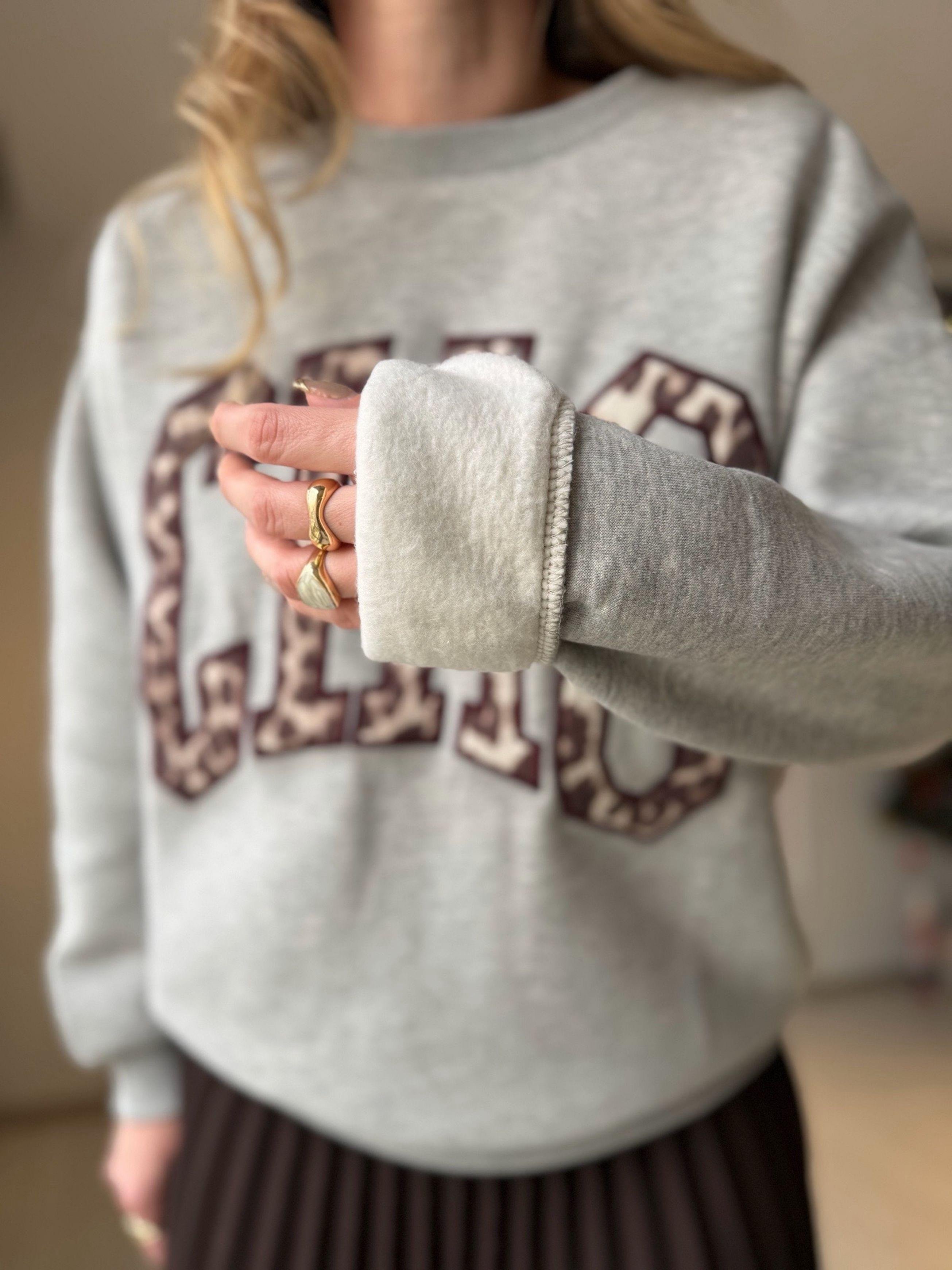 SweatshirtLeopar Desen Yazı Baskılı Oversize Sweatshirt - Gri