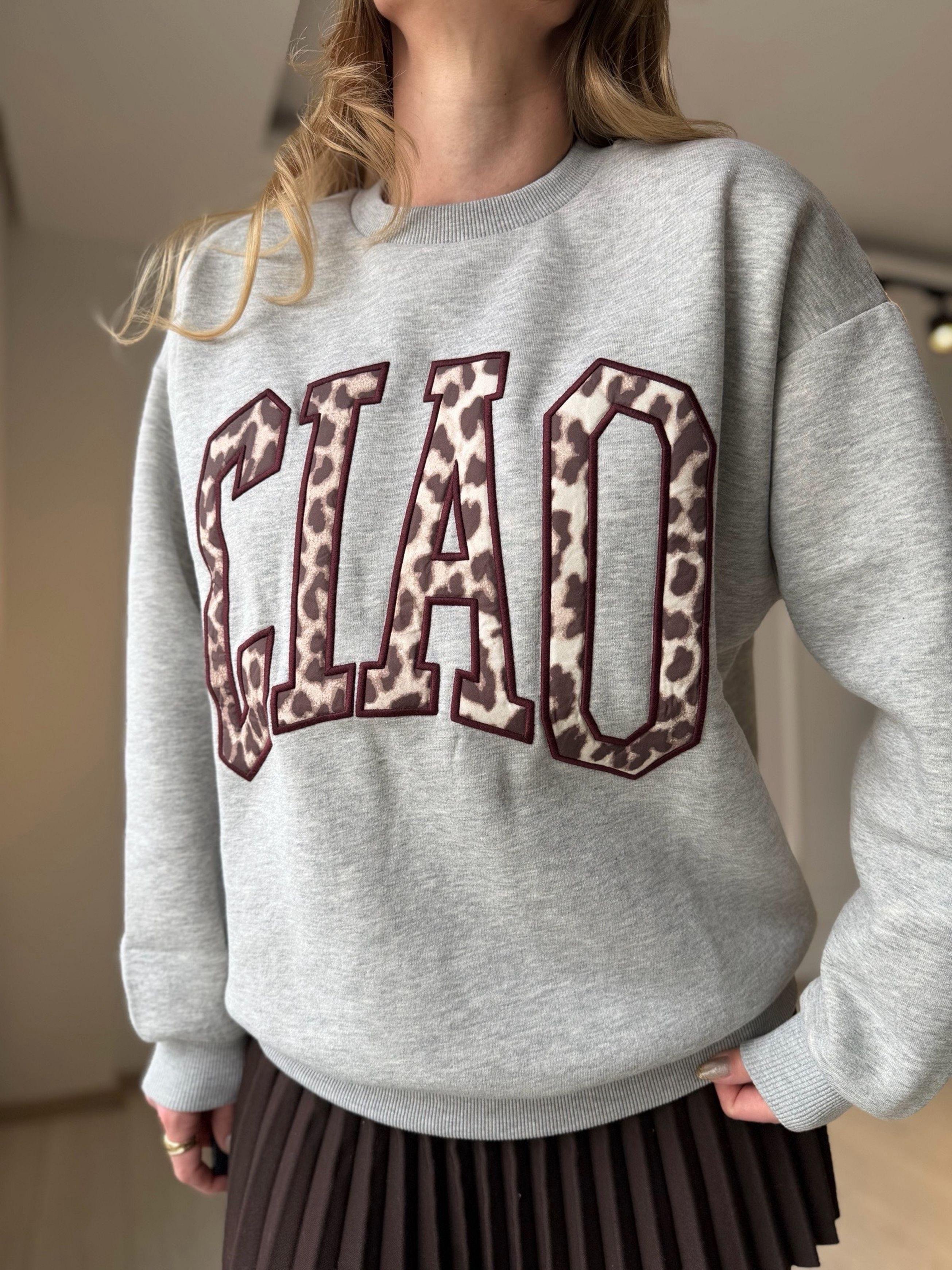SweatshirtLeopar Desen Yazı Baskılı Oversize Sweatshirt - Gri