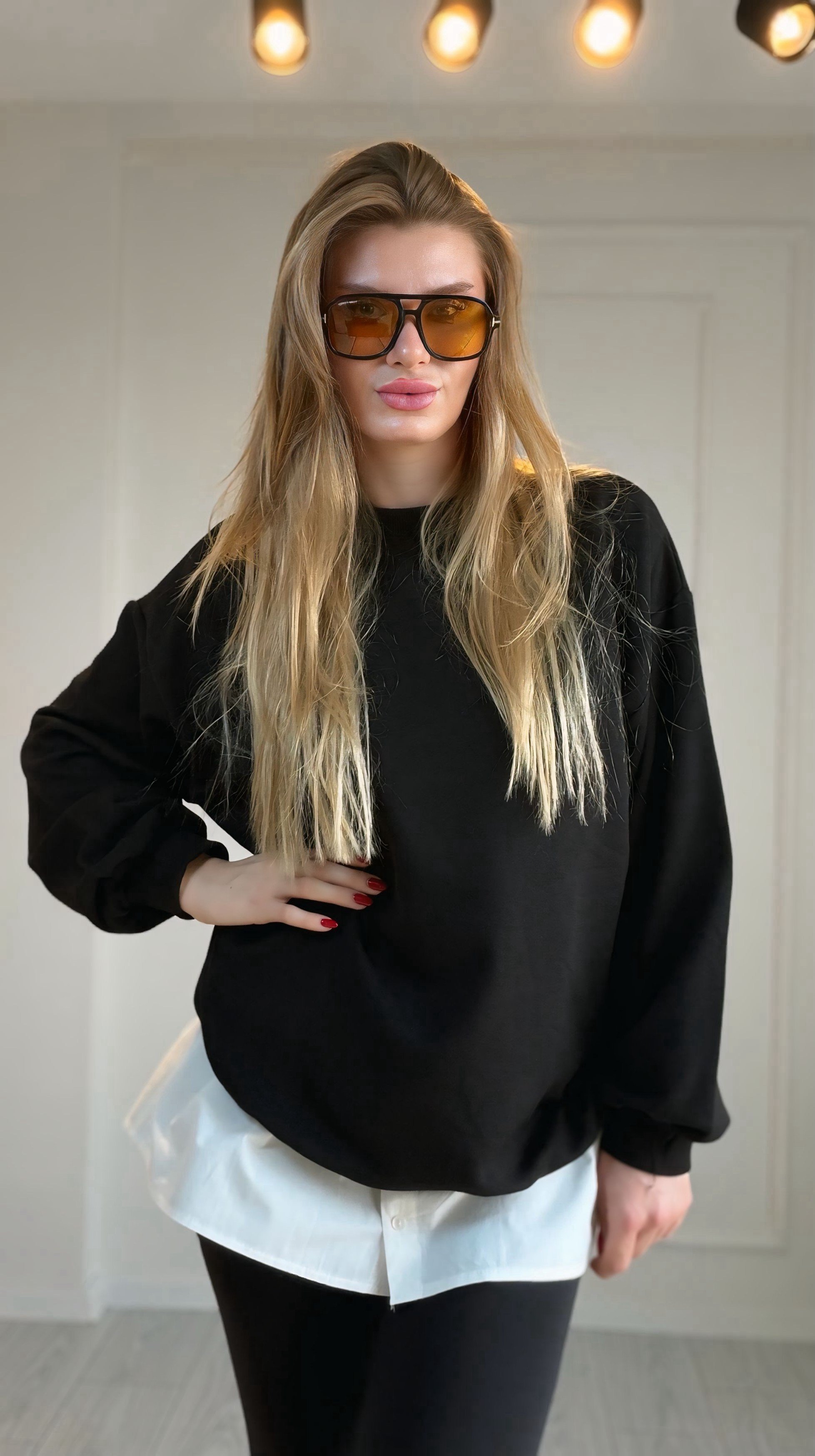 SweatshirtSiyah Çıkarılabilir Gömlek Detaylı Bisiklet Yaka Sweatshirt