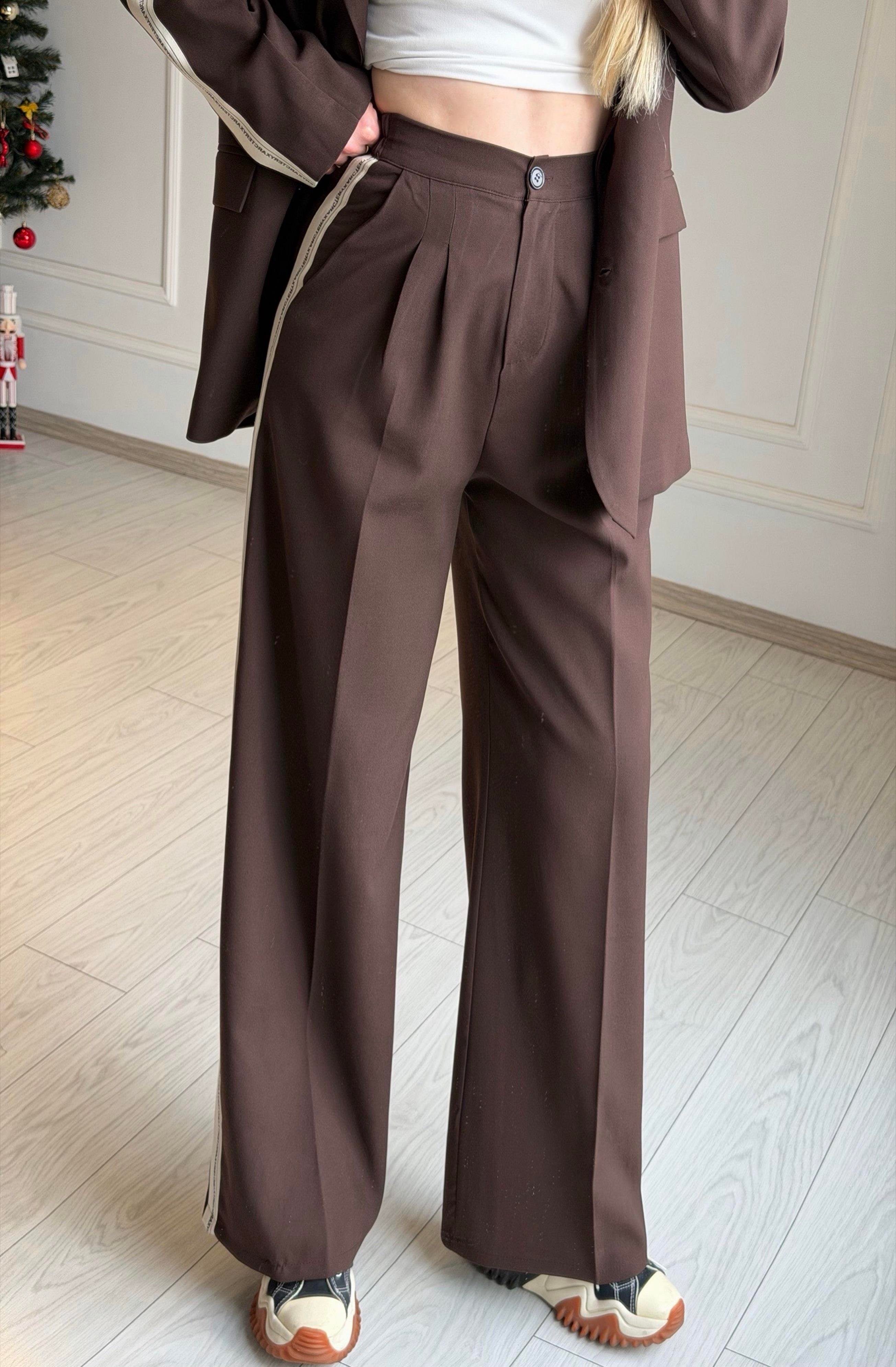 TAKIMAcı Kahve Şerit Detay Blazer Pantolon Takım