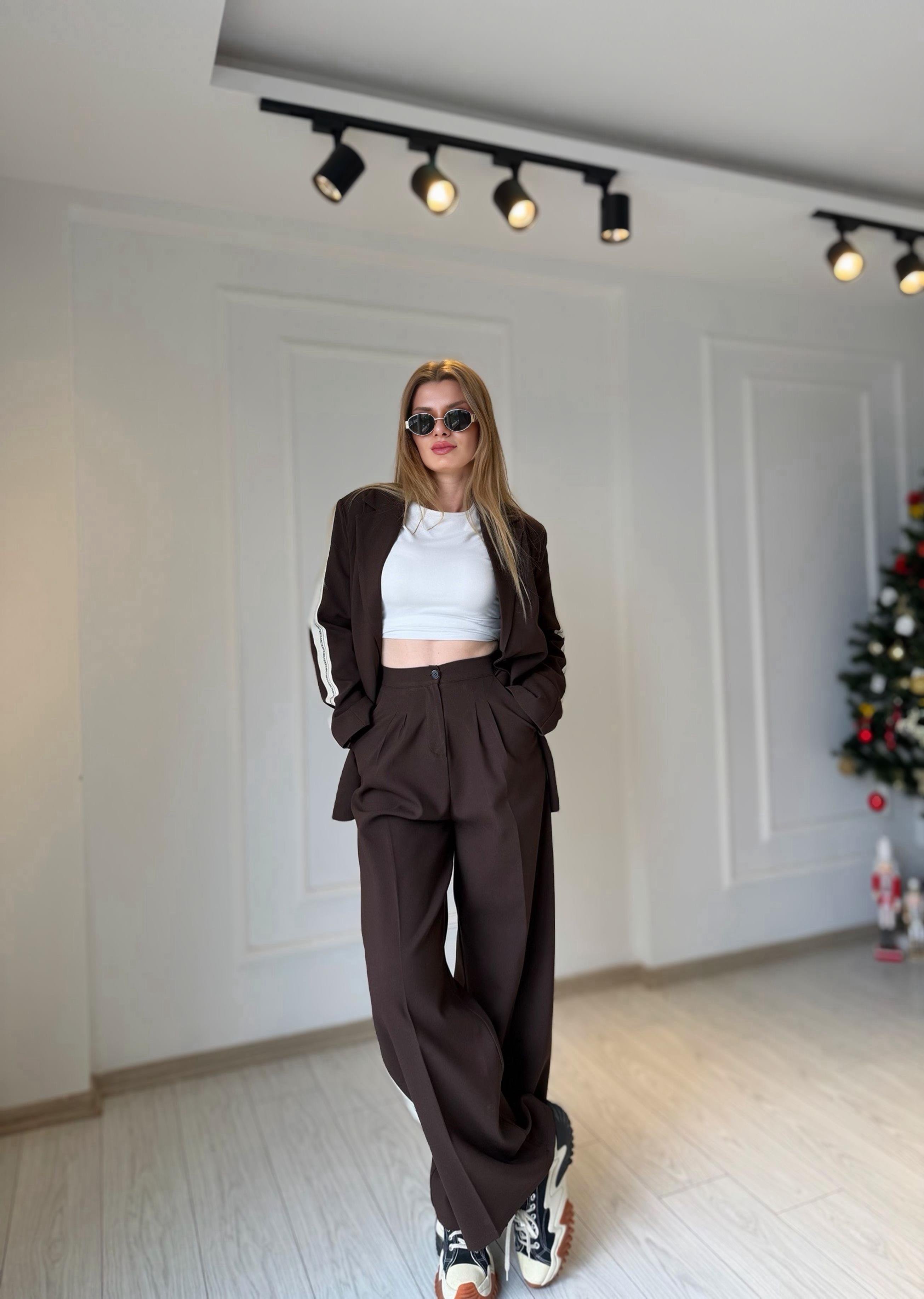 TAKIMAcı Kahve Şerit Detay Blazer Pantolon Takım