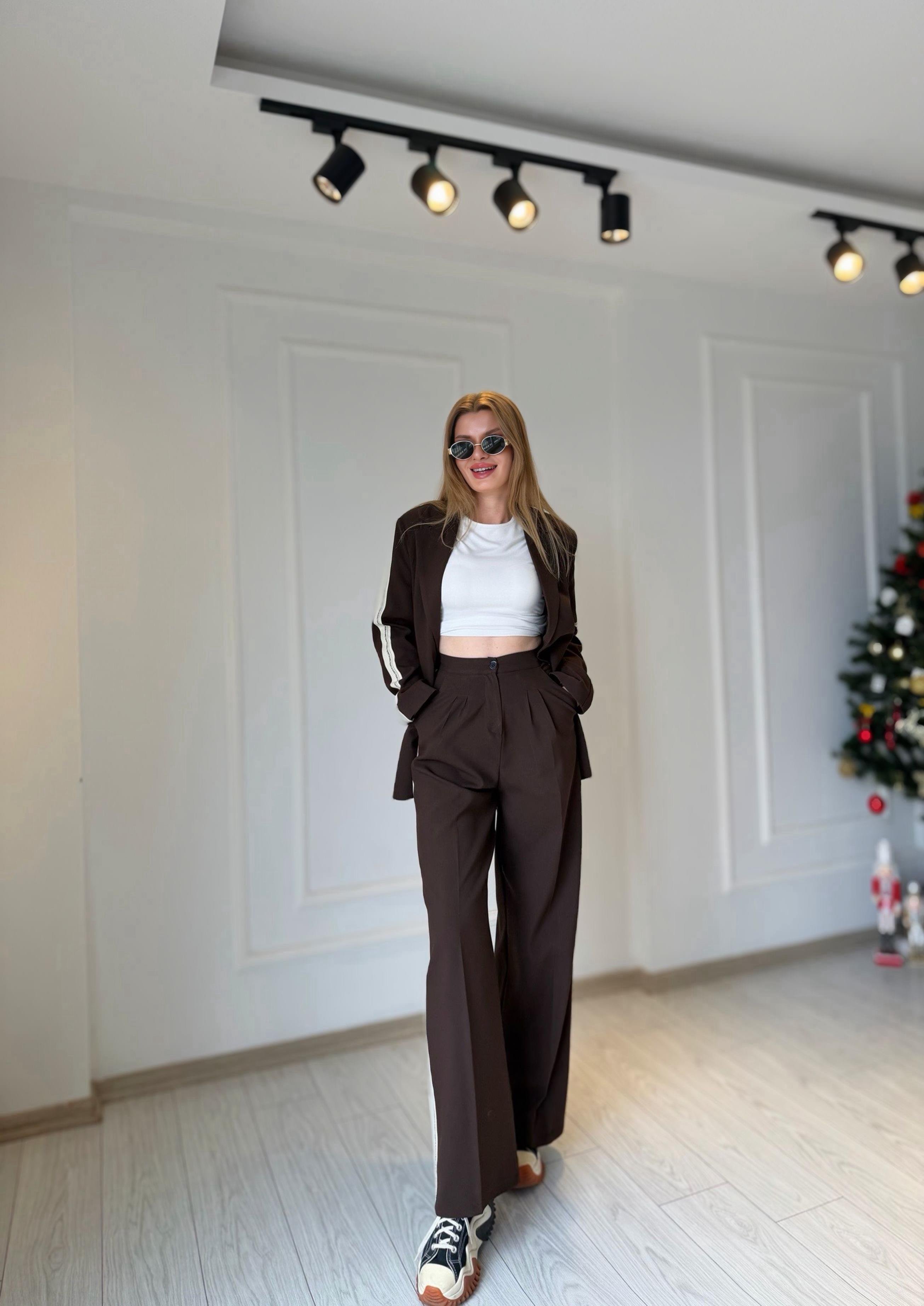 TAKIMAcı Kahve Şerit Detay Blazer Pantolon Takım