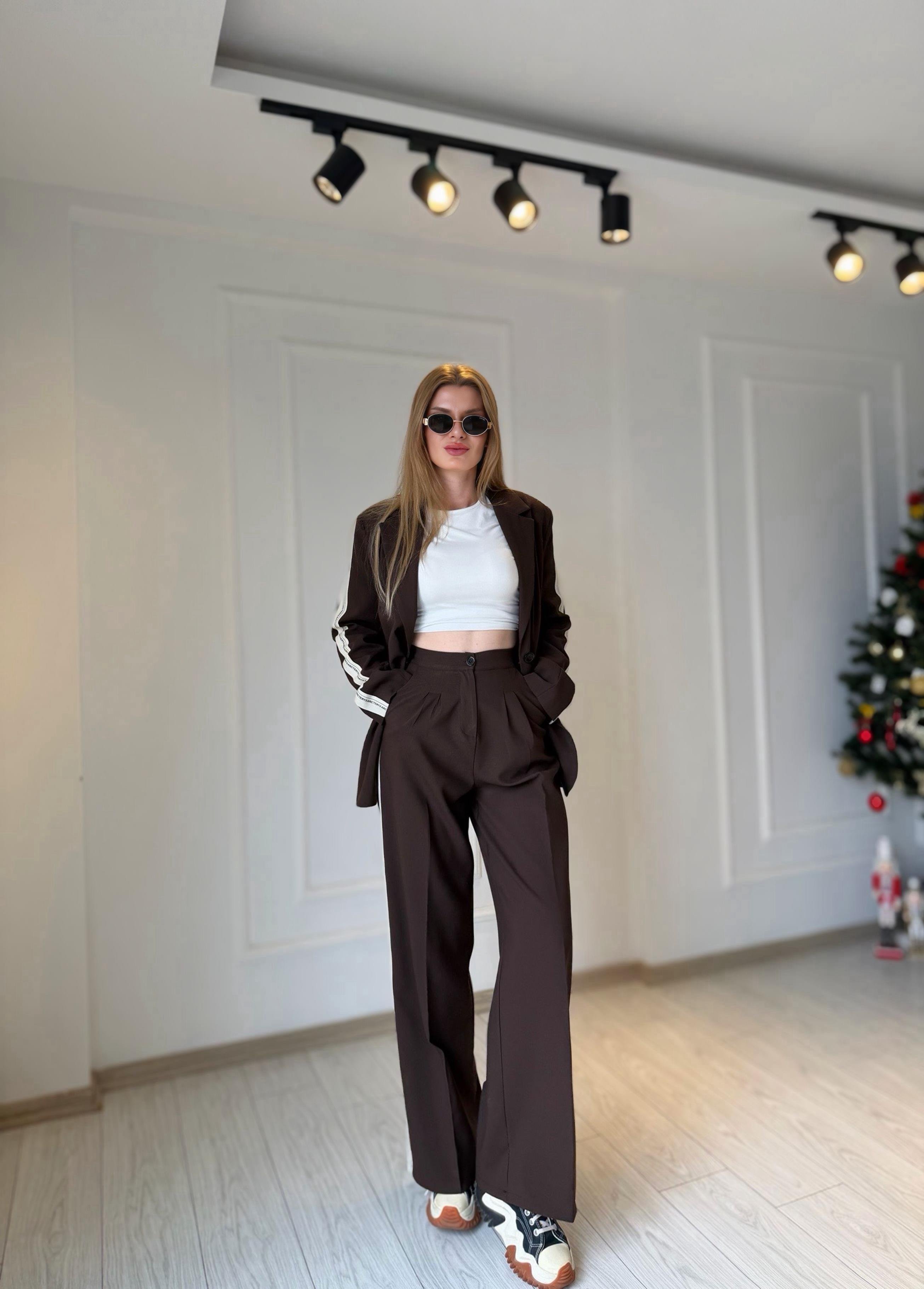 TAKIMAcı Kahve Şerit Detay Blazer Pantolon Takım
