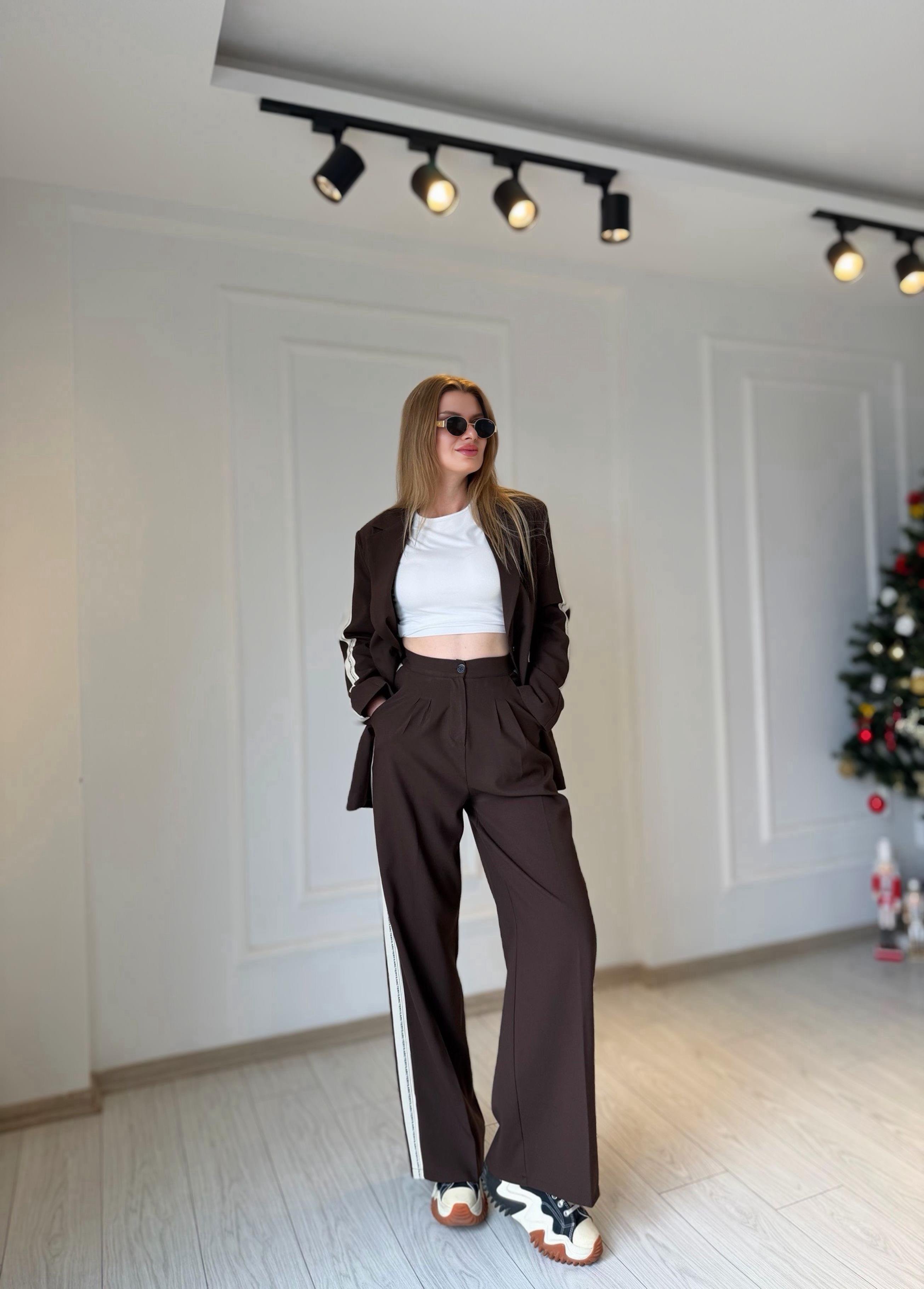 TAKIMAcı Kahve Şerit Detay Blazer Pantolon Takım