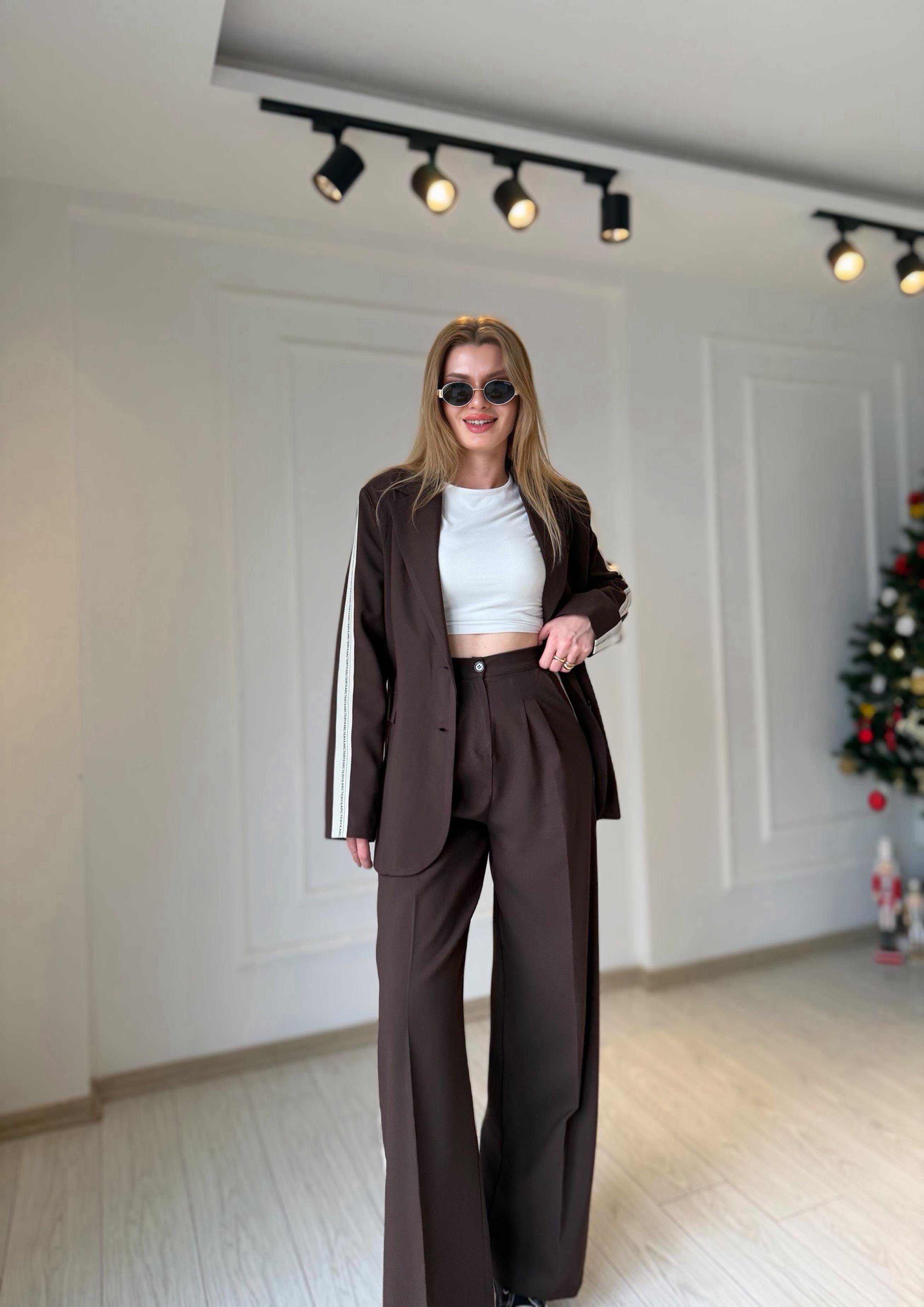 TAKIMAcı Kahve Şerit Detay Blazer Pantolon Takım