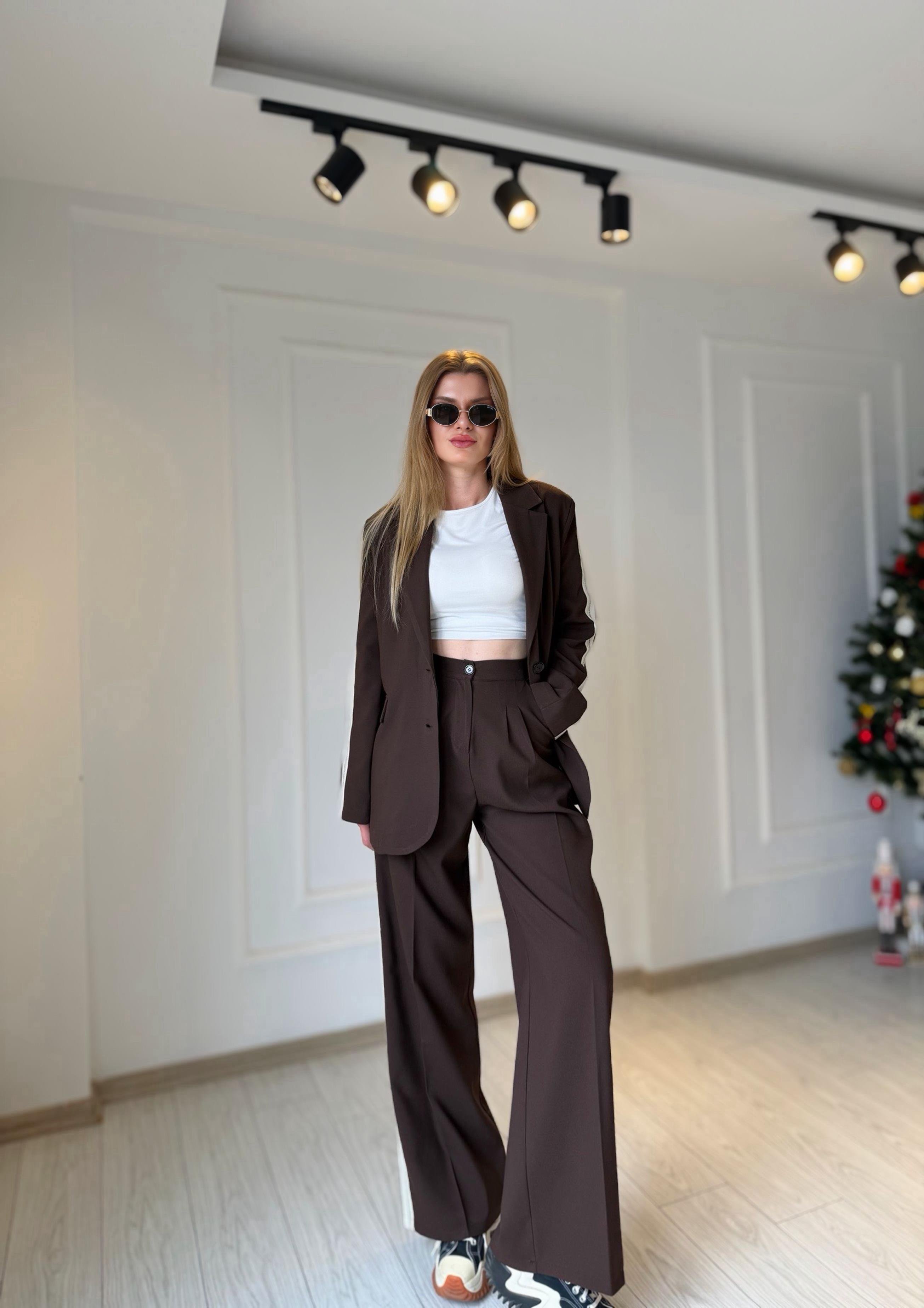 TAKIMAcı Kahve Şerit Detay Blazer Pantolon Takım