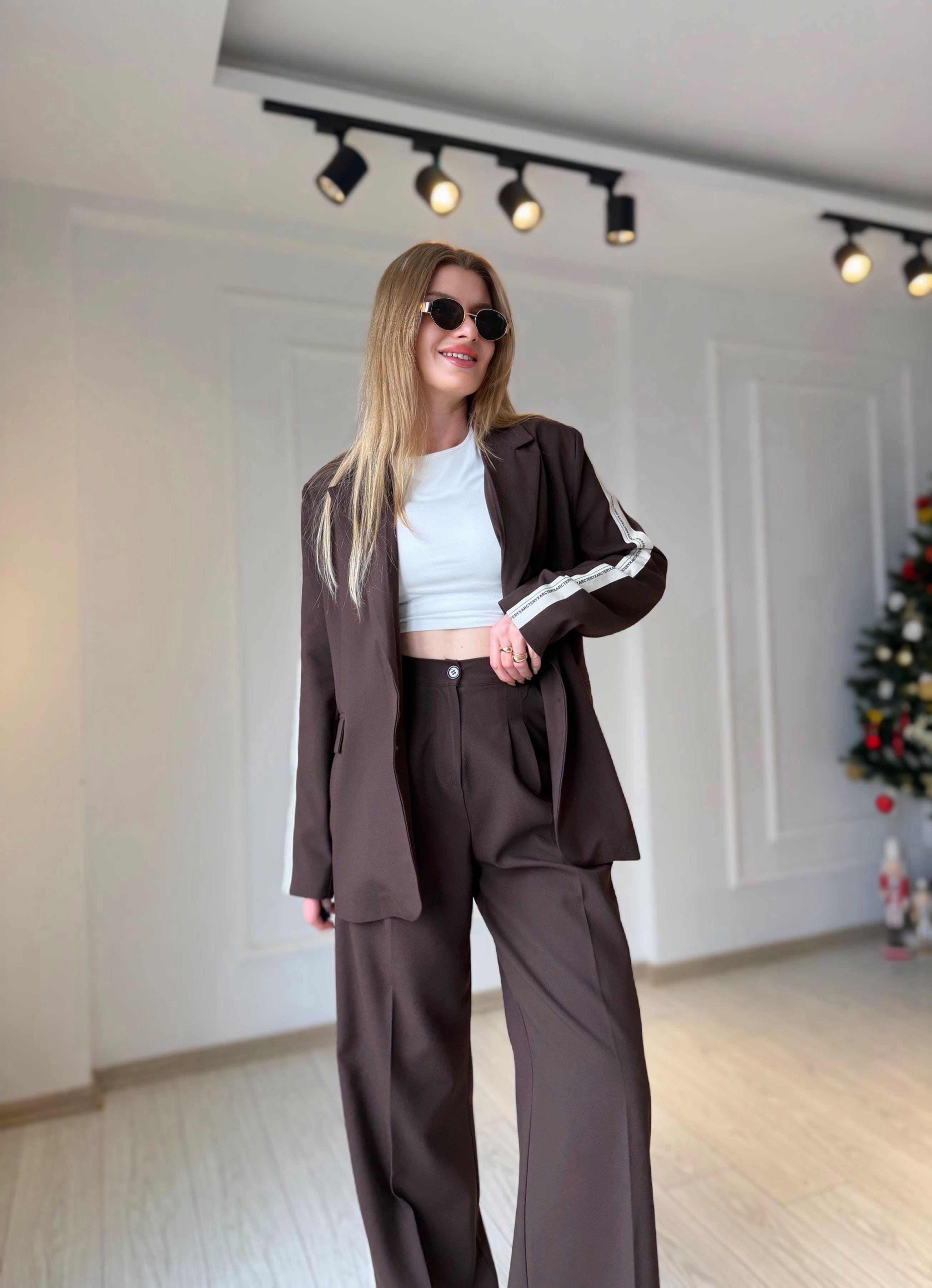 TAKIMAcı Kahve Şerit Detay Blazer Pantolon Takım