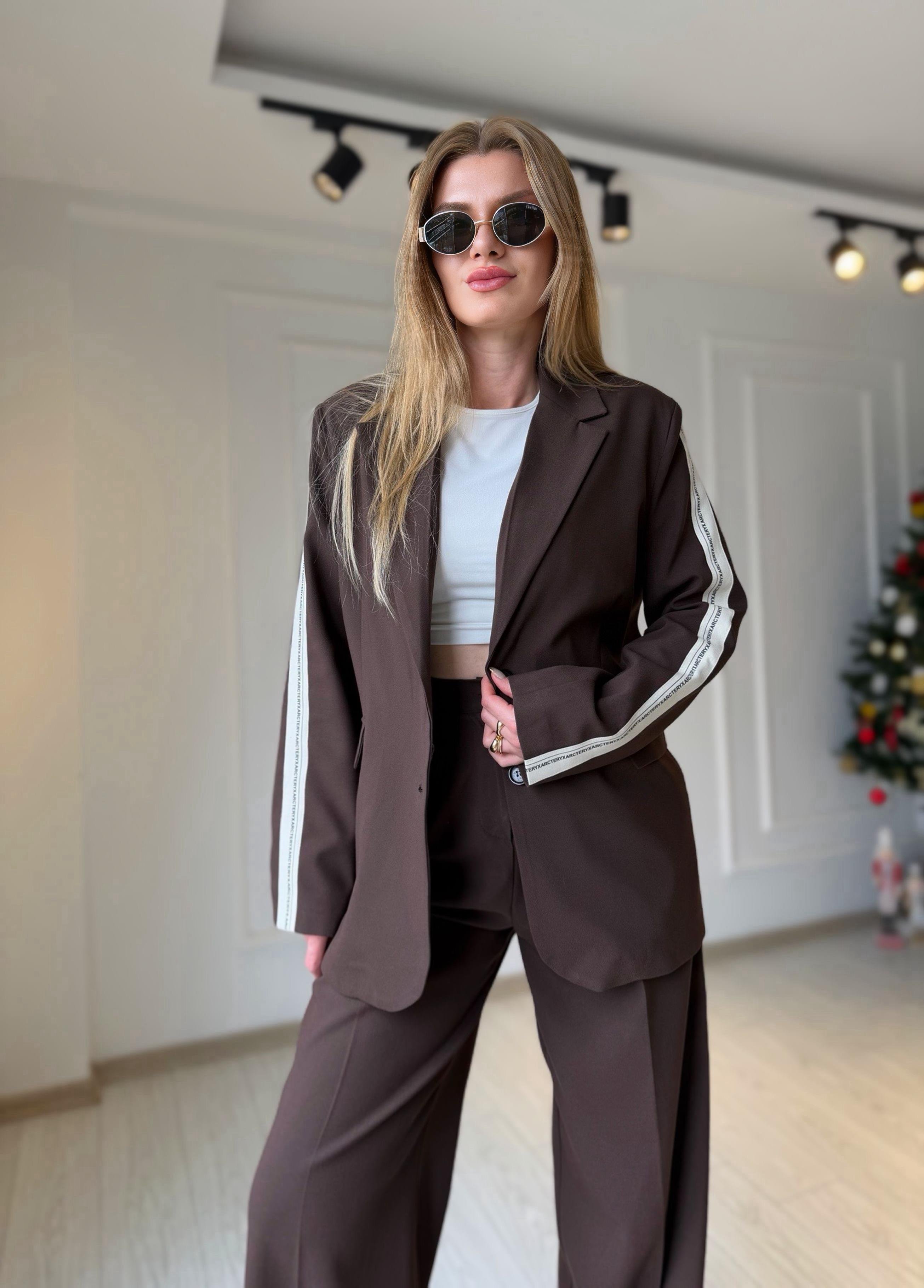 TAKIMAcı Kahve Şerit Detay Blazer Pantolon Takım