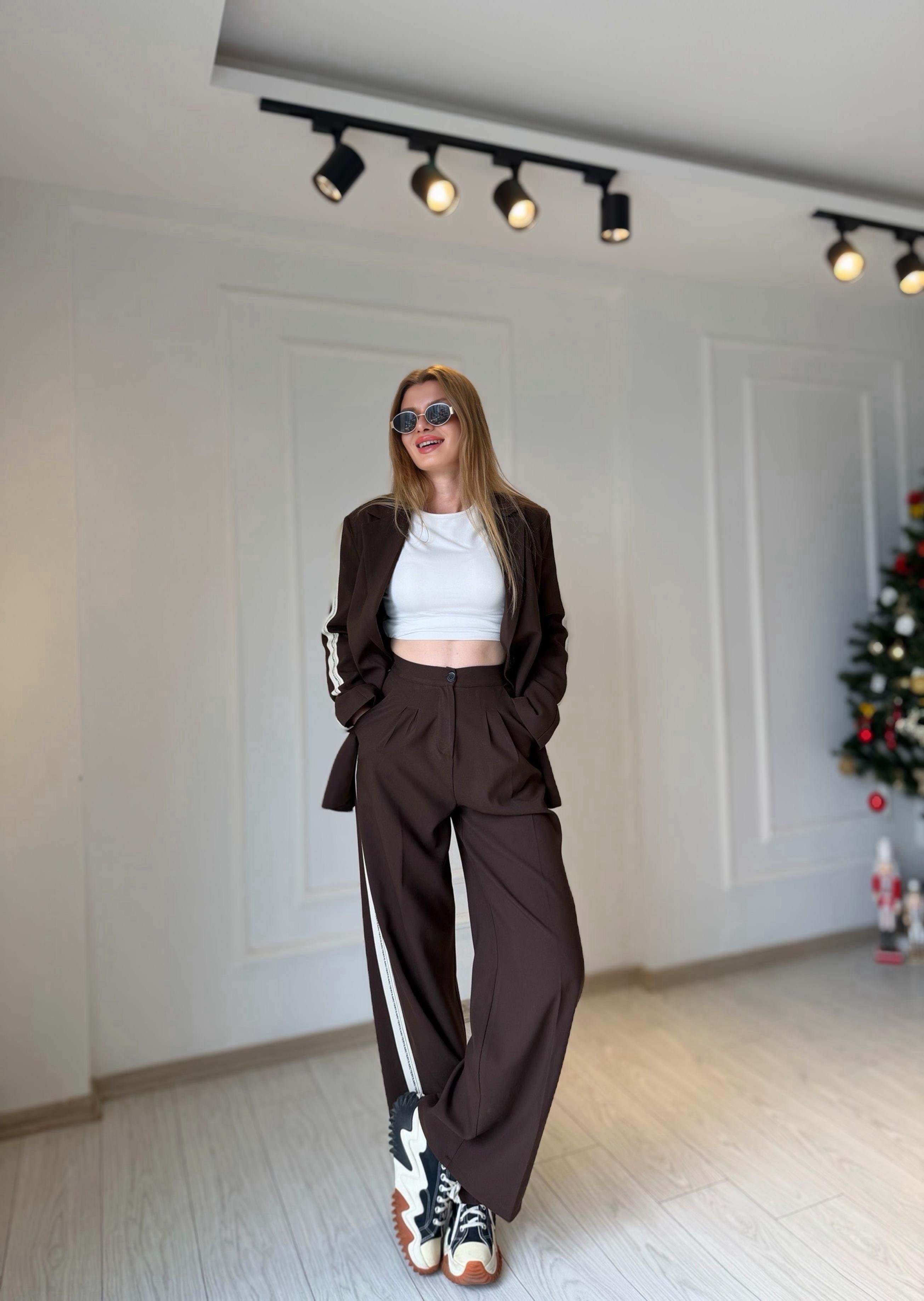 TAKIMAcı Kahve Şerit Detay Blazer Pantolon Takım