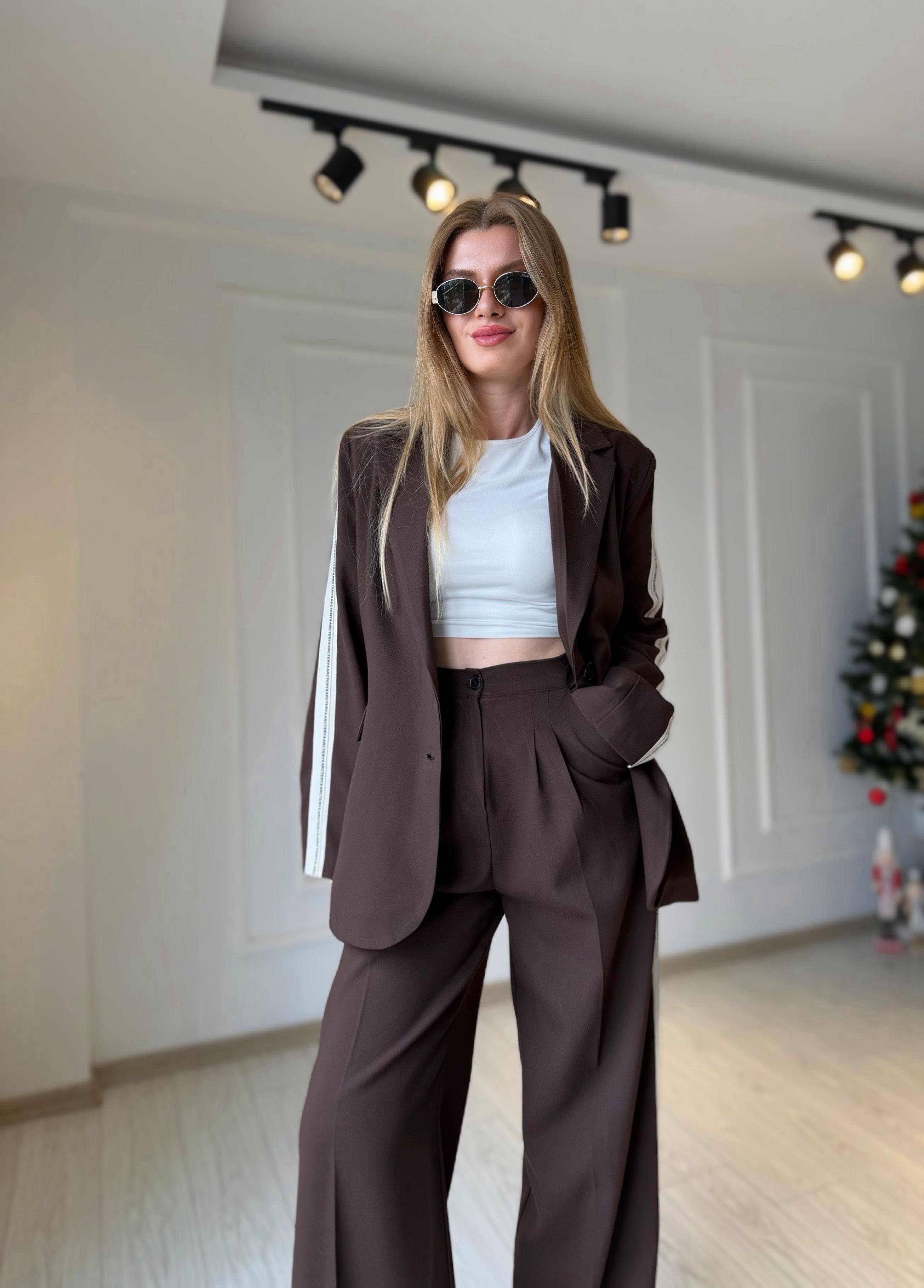 TAKIMAcı Kahve Şerit Detay Blazer Pantolon Takım