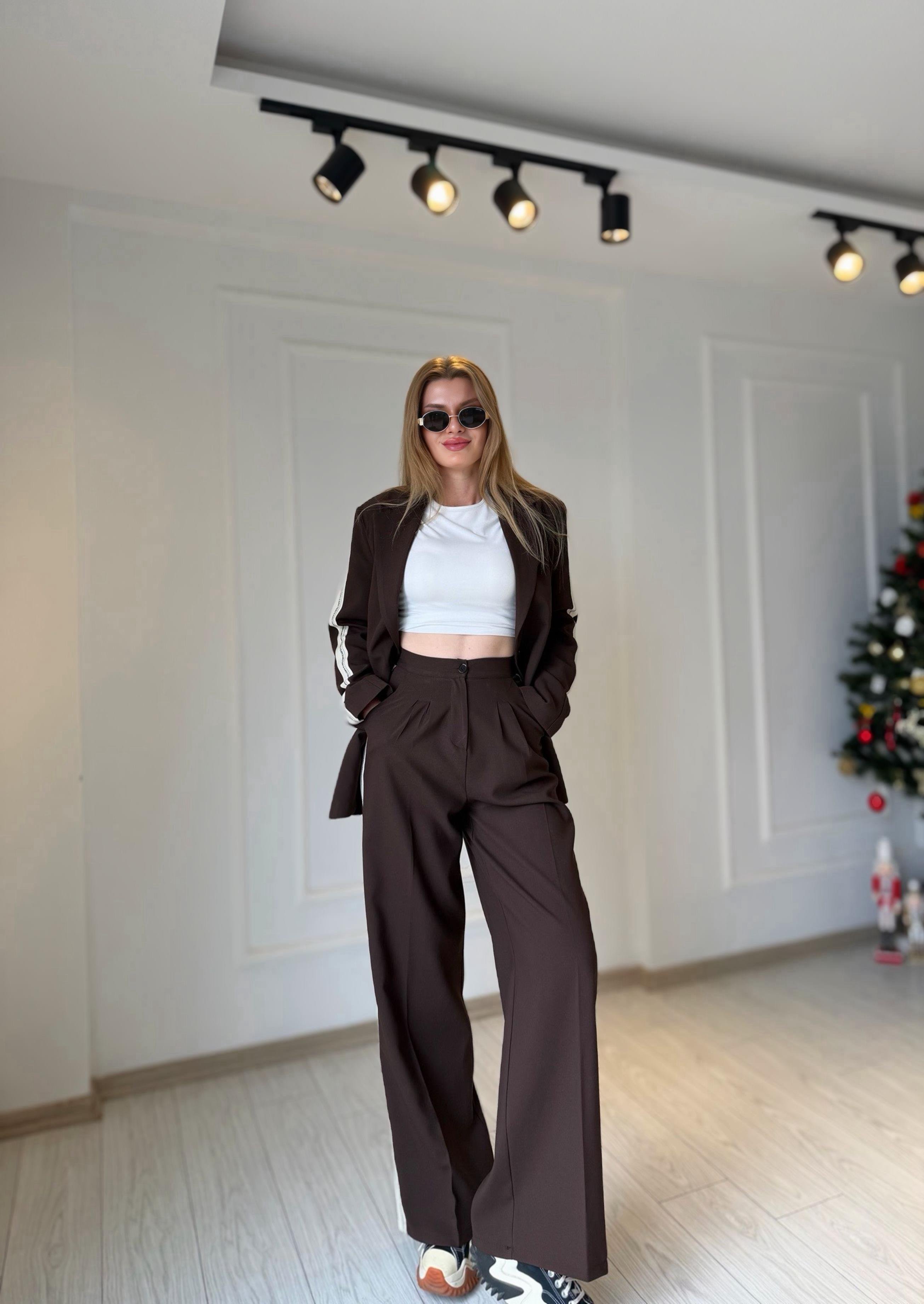 TAKIMAcı Kahve Şerit Detay Blazer Pantolon Takım