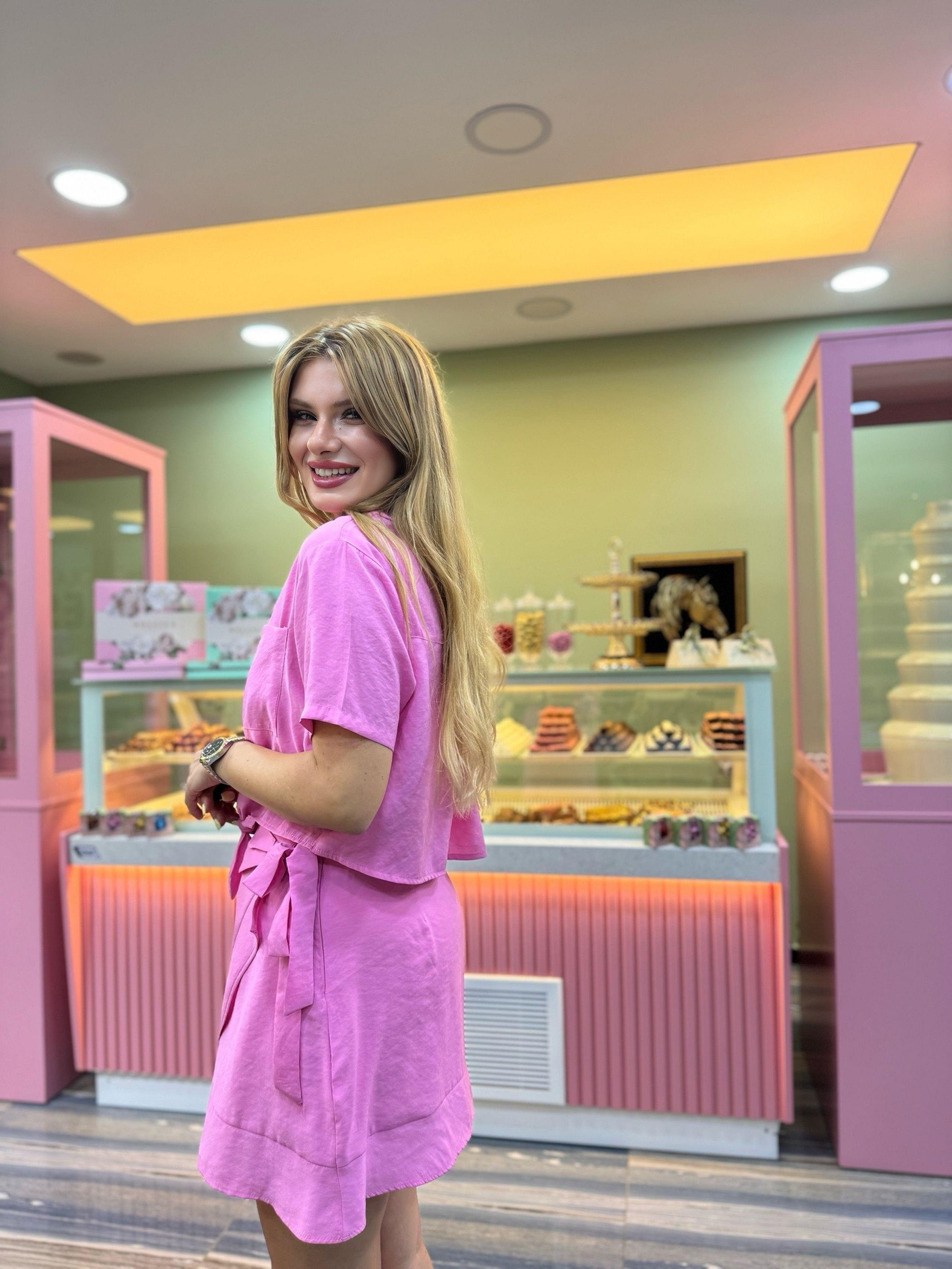 TAKIMBağlama Detaylı Gömlek Etek Modal Takım - Pembe