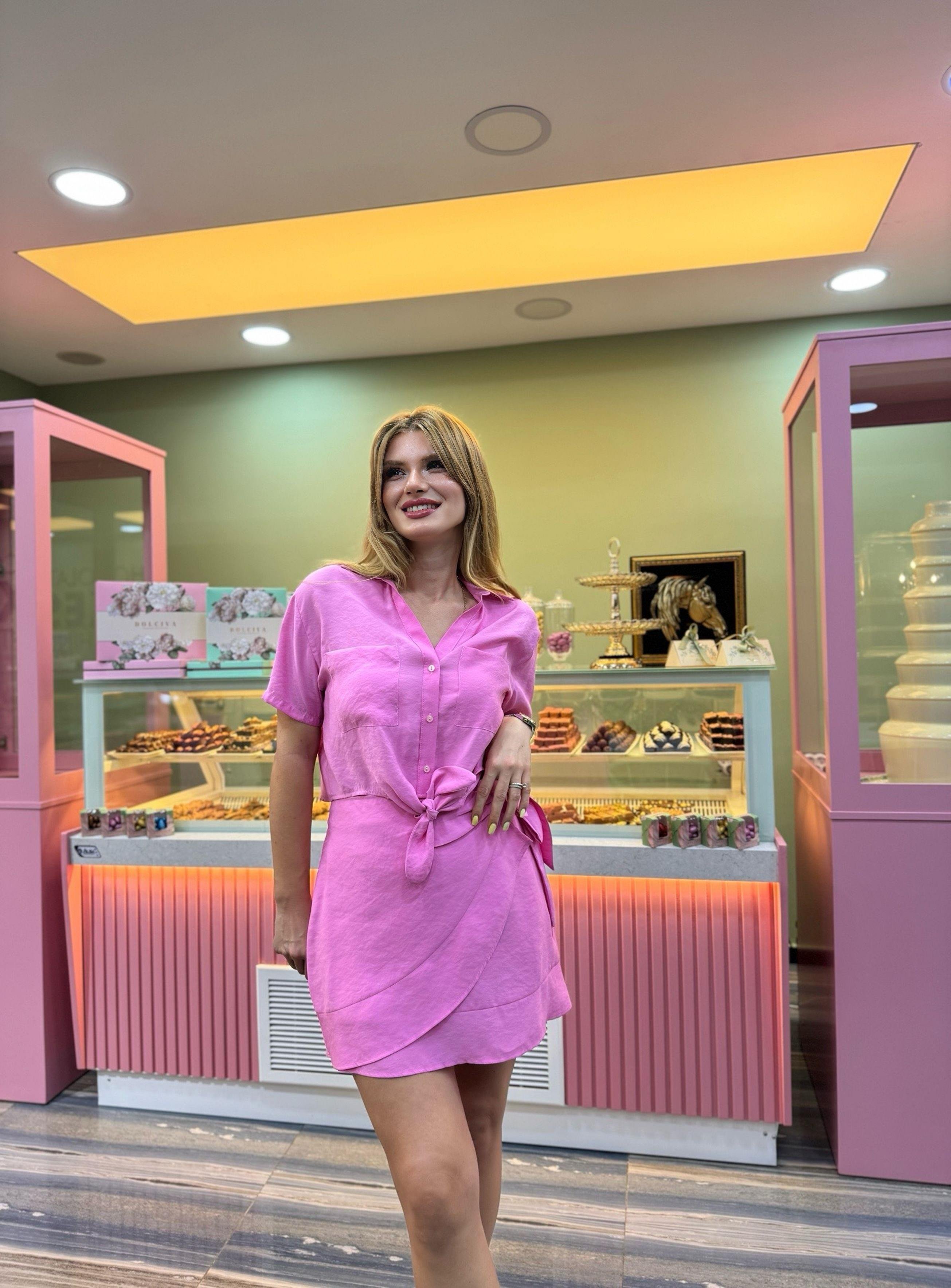 TAKIMBağlama Detaylı Gömlek Etek Modal Takım - Pembe