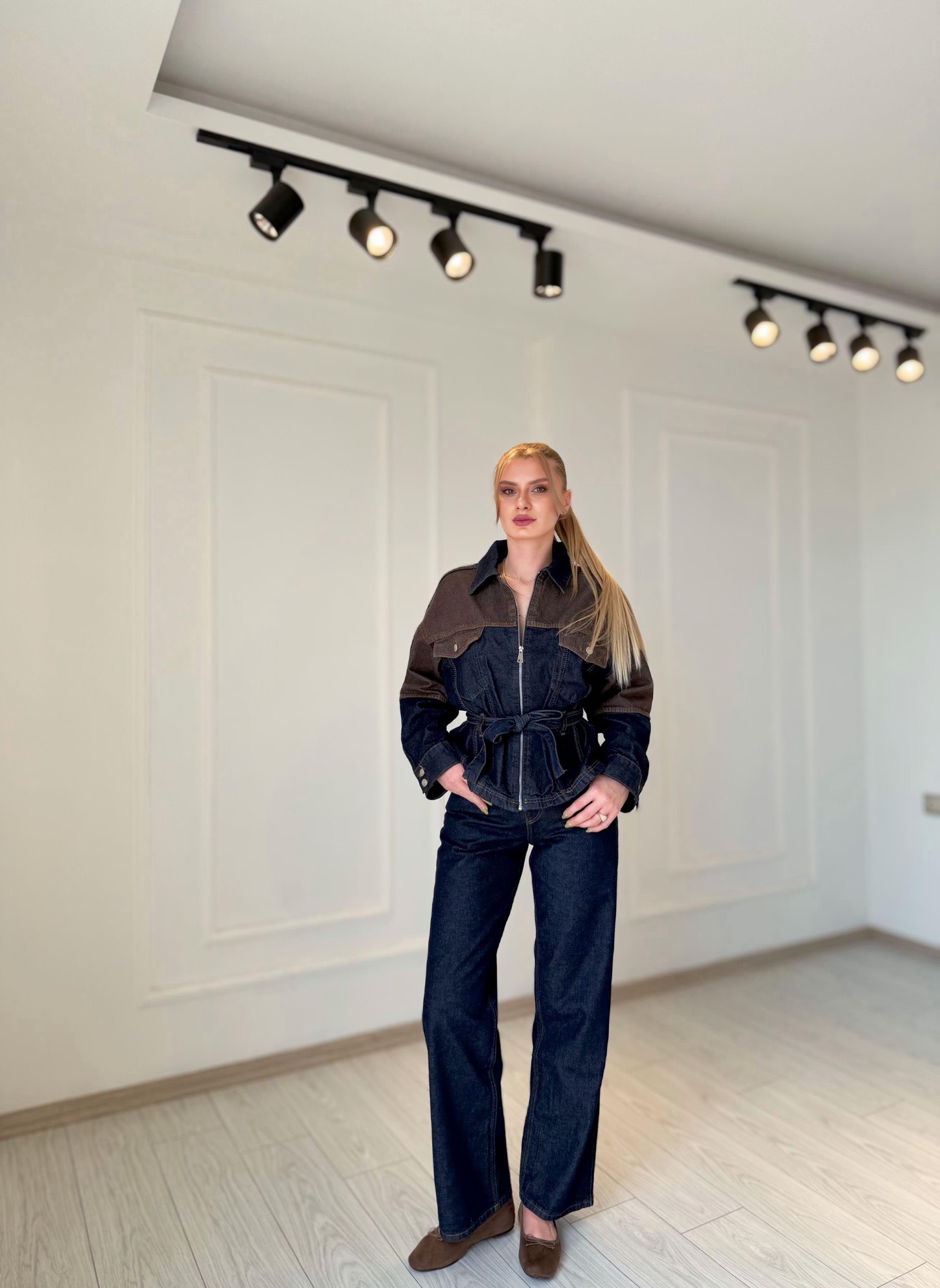 TAKIMDenim Kahve Detaylı Ceket Pantolon Takım