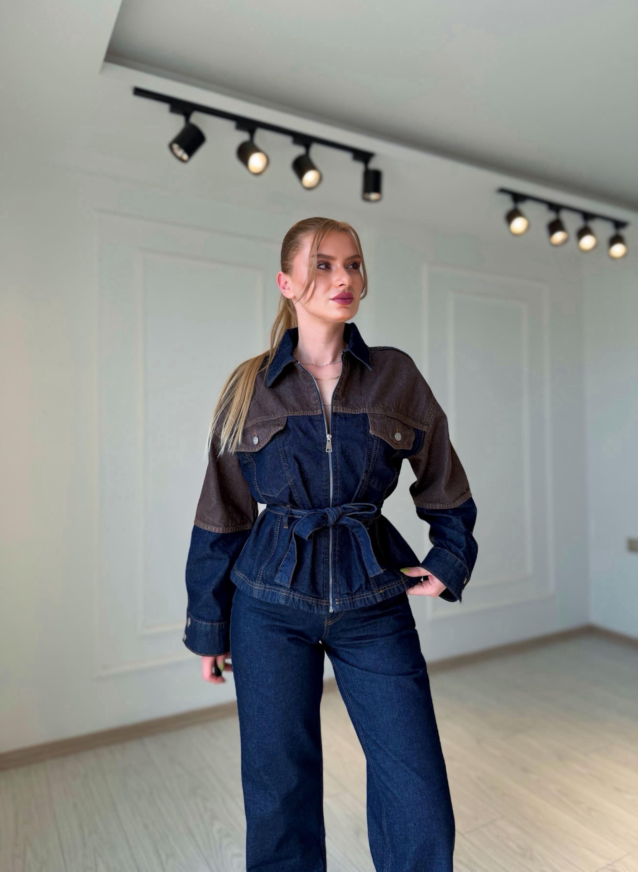 TAKIMDenim Kahve Detaylı Ceket Pantolon Takım