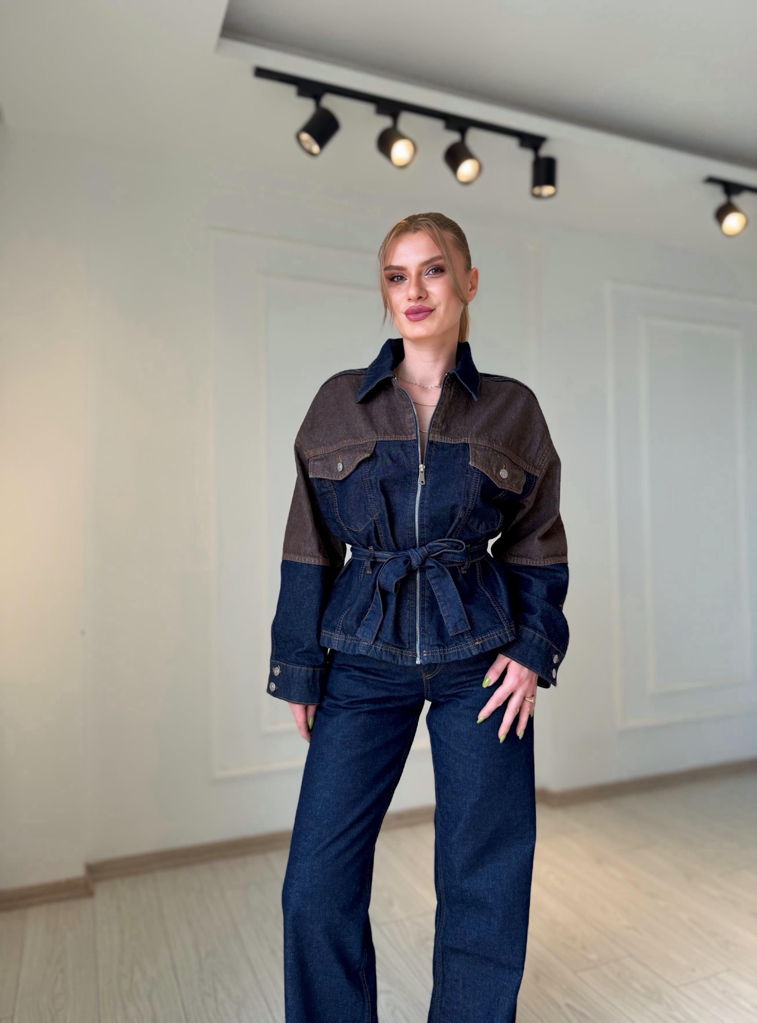 TAKIMDenim Kahve Detaylı Ceket Pantolon Takım