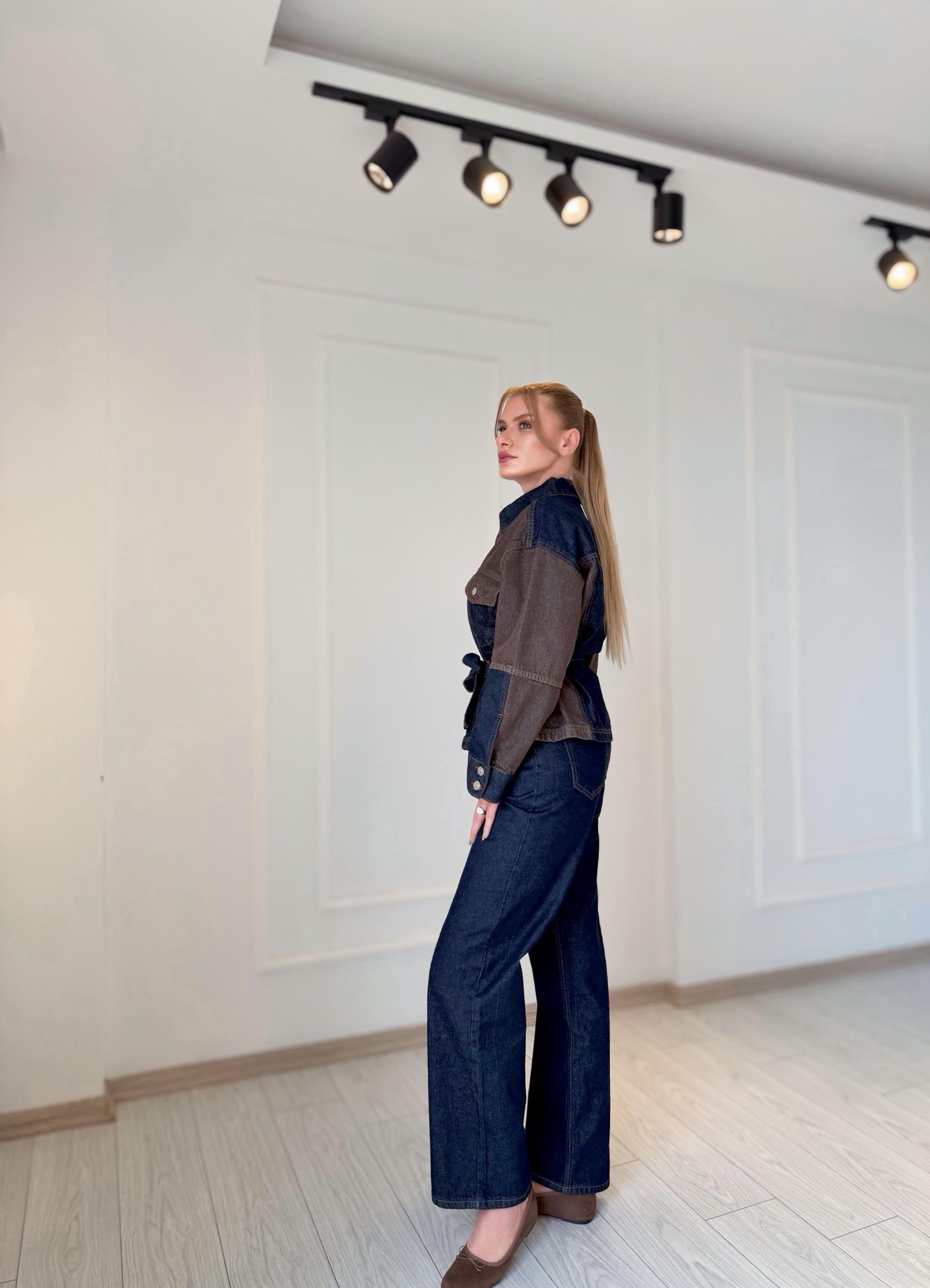 TAKIMDenim Kahve Detaylı Ceket Pantolon Takım